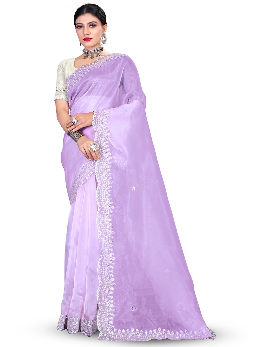 

SAREESBYCHIRAG Floral Sequinned Organza Saree, Lavender