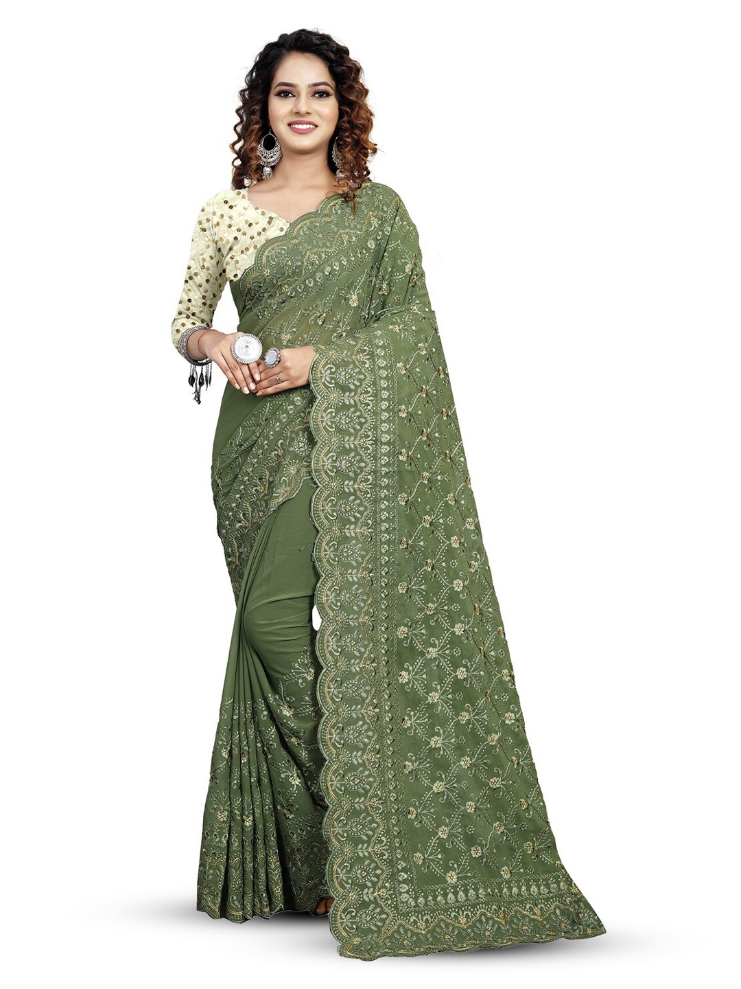 

SAREESBYCHIRAG Ethnic Motifs Embroidered Pure Georgette Saree, Green