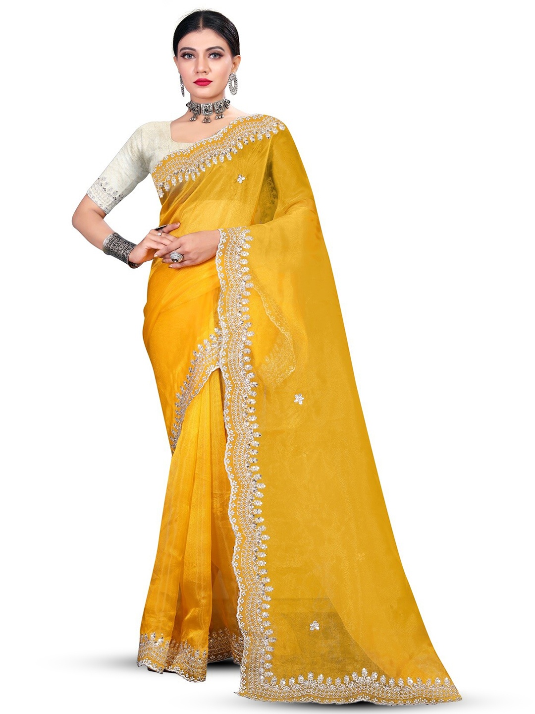 

SAREESBYCHIRAG Floral Sequinned Organza Saree, Yellow