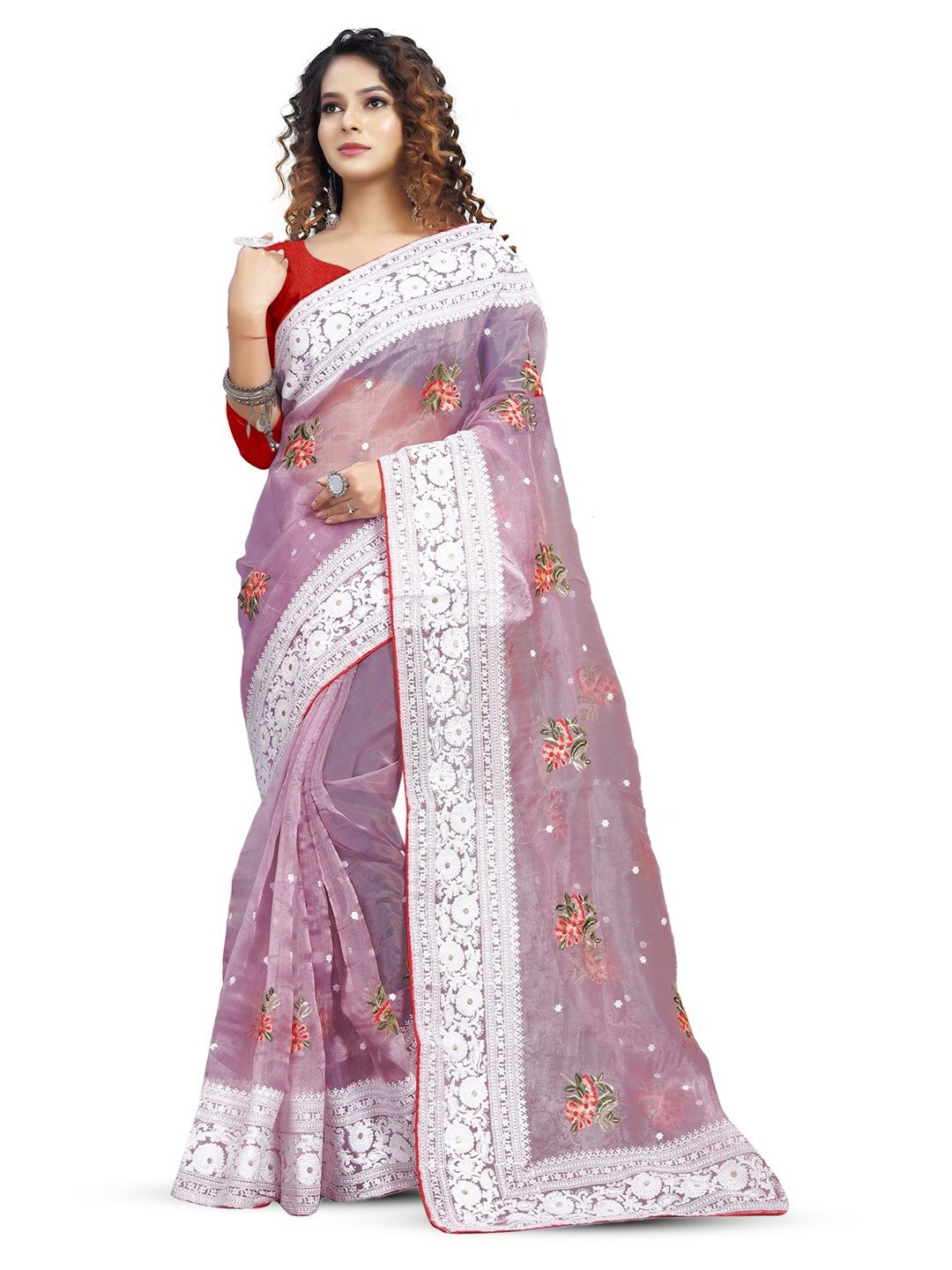 

SAREESBYCHIRAG Ethnic Motifs Embroidered Organza Saree, Purple