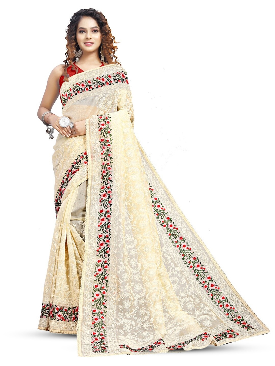 

SAREESBYCHIRAG Ethnic Motifs Embroidered Organza Saree, Off white