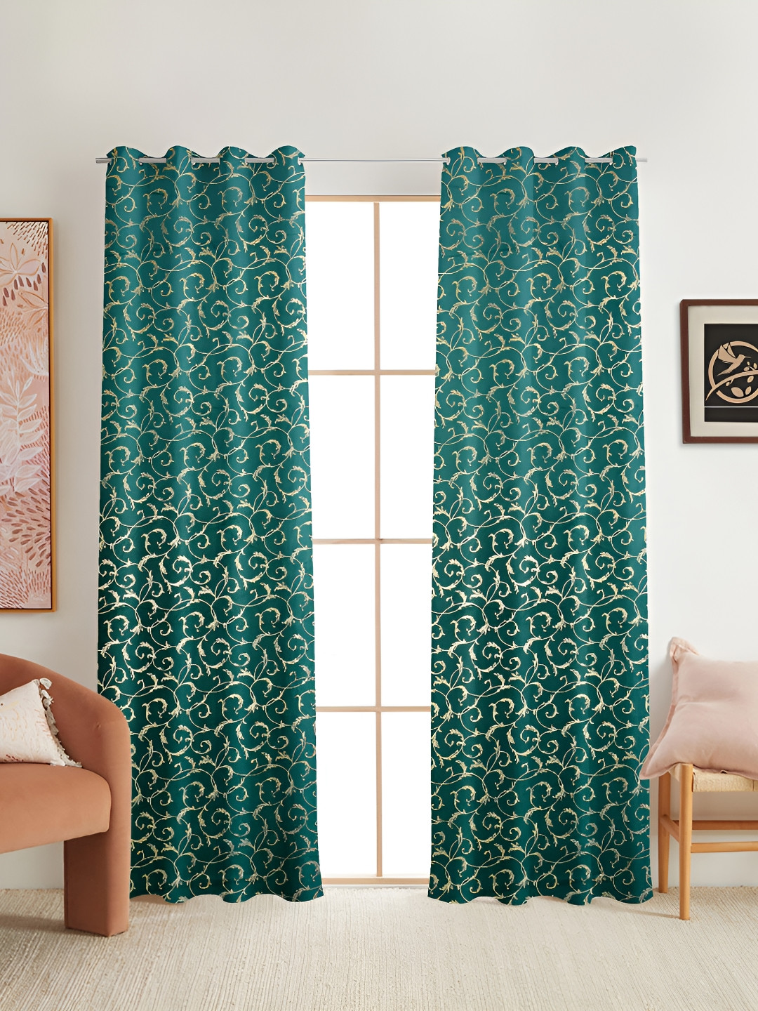 

Galaxy Home Decor Turquoise Blue 2 Pcs Floral Room Darkening Long Door Curtains