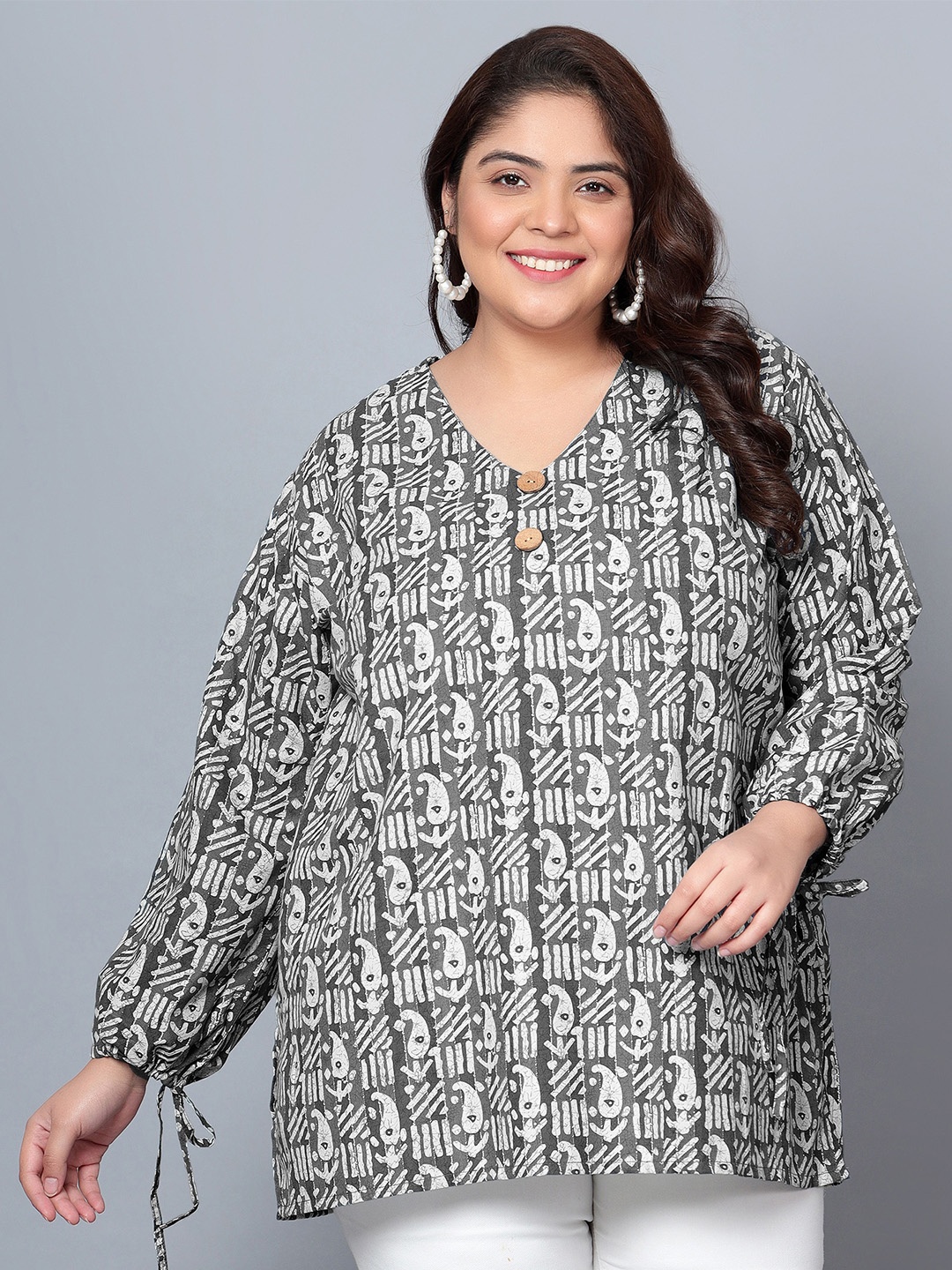

Indietoga Print Tie-Up Neck Puff Sleeve Ethnic Cotton Top, Black
