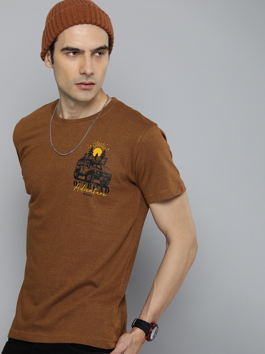 

R.Code by The Roadster Life Co. Men Printed T-shirt, Brown