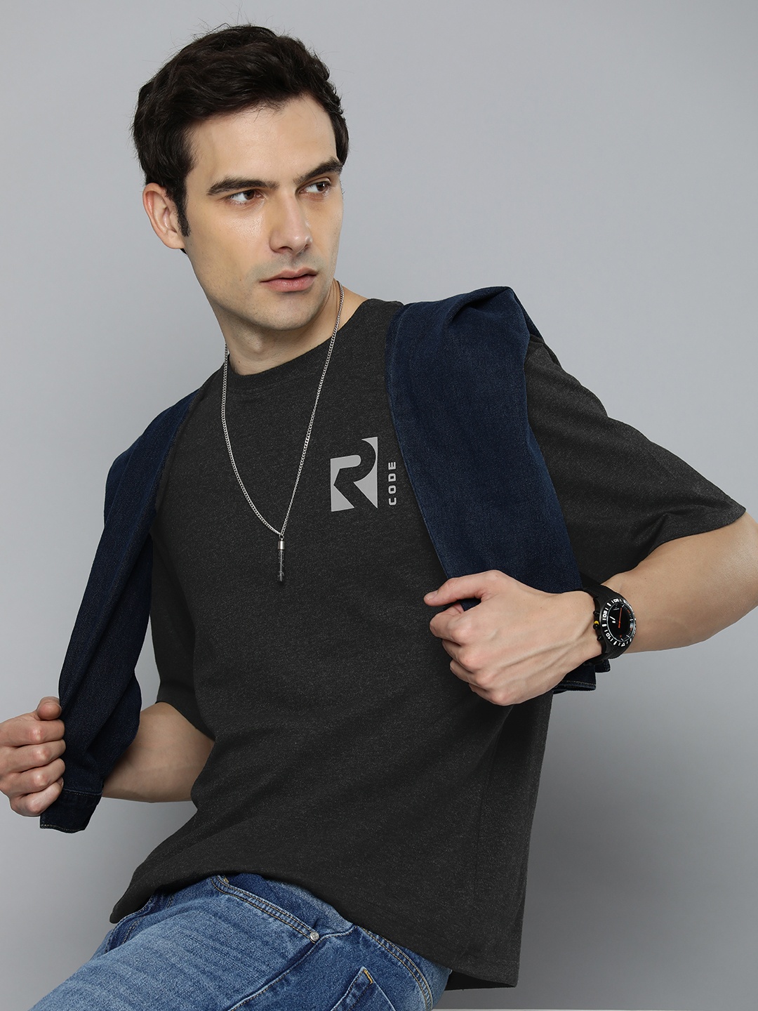 

R.Code by The Roadster Life Co. Men Brand Logo Printed T-shirt, Charcoal