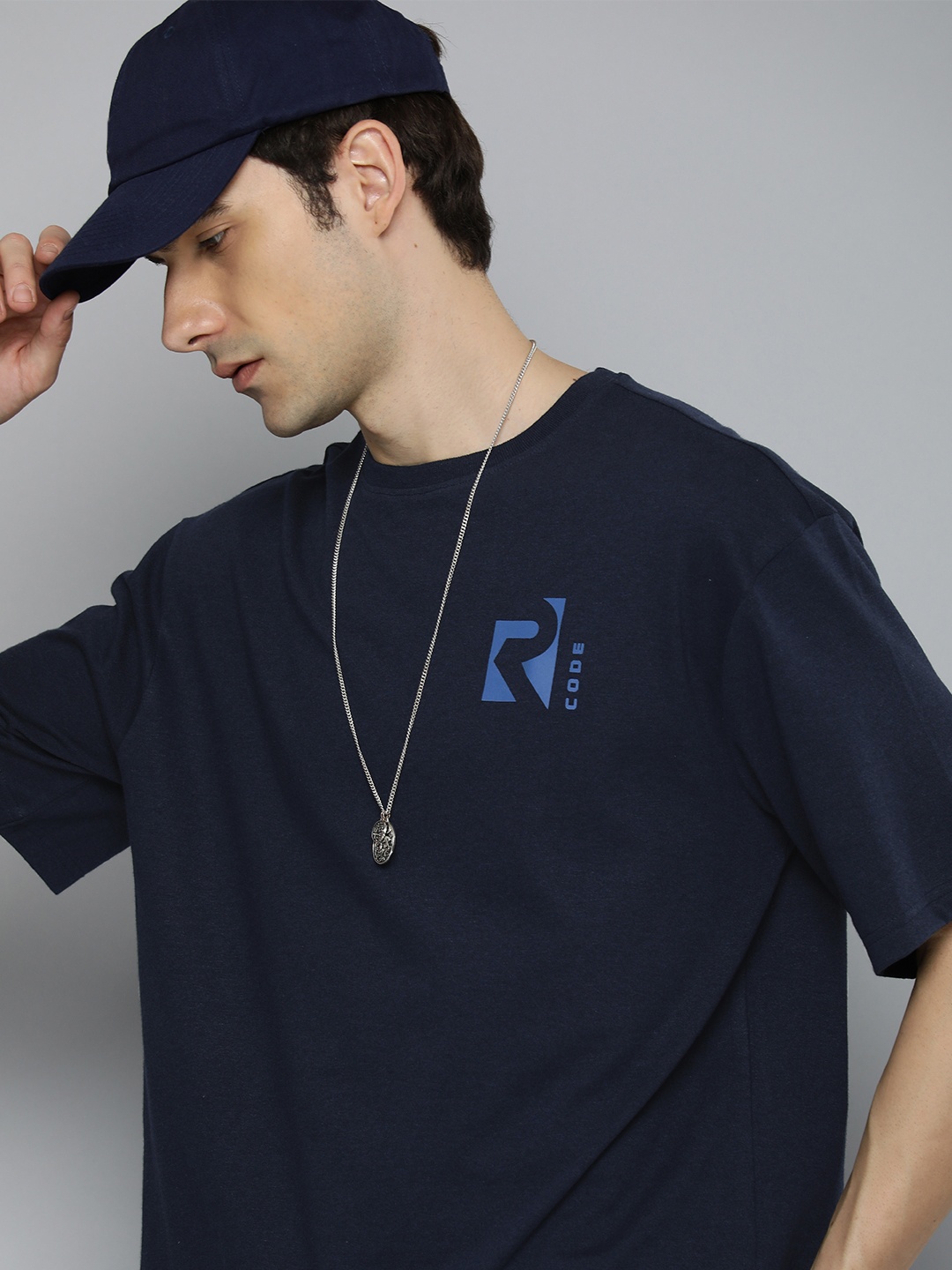

R.Code by The Roadster Life Co. Men Brand Logo Printed T-shirt, Navy blue