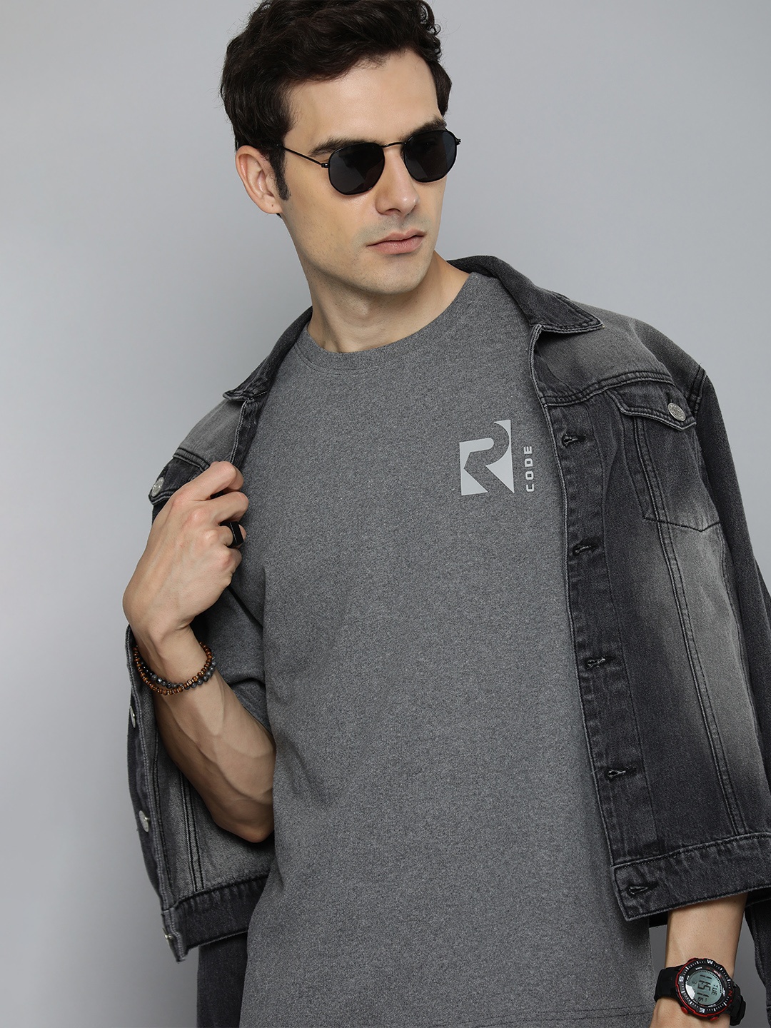 

R.Code by The Roadster Life Co. Men Brand Logo Printed T-shirt, Charcoal