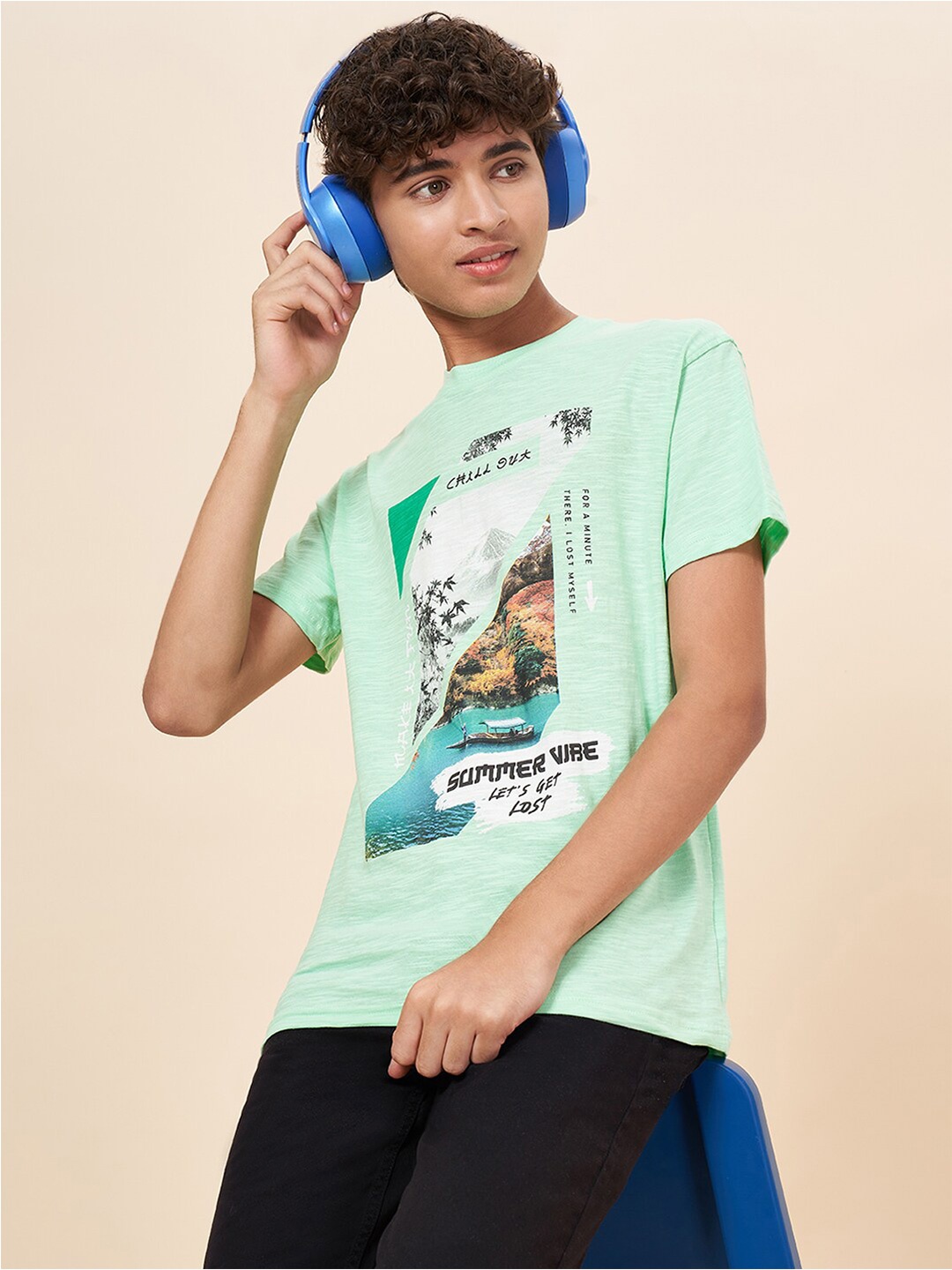 

Coolsters by Pantaloons Boys Printed Round Neck Short Sleeves Cotton T-shirt, Green