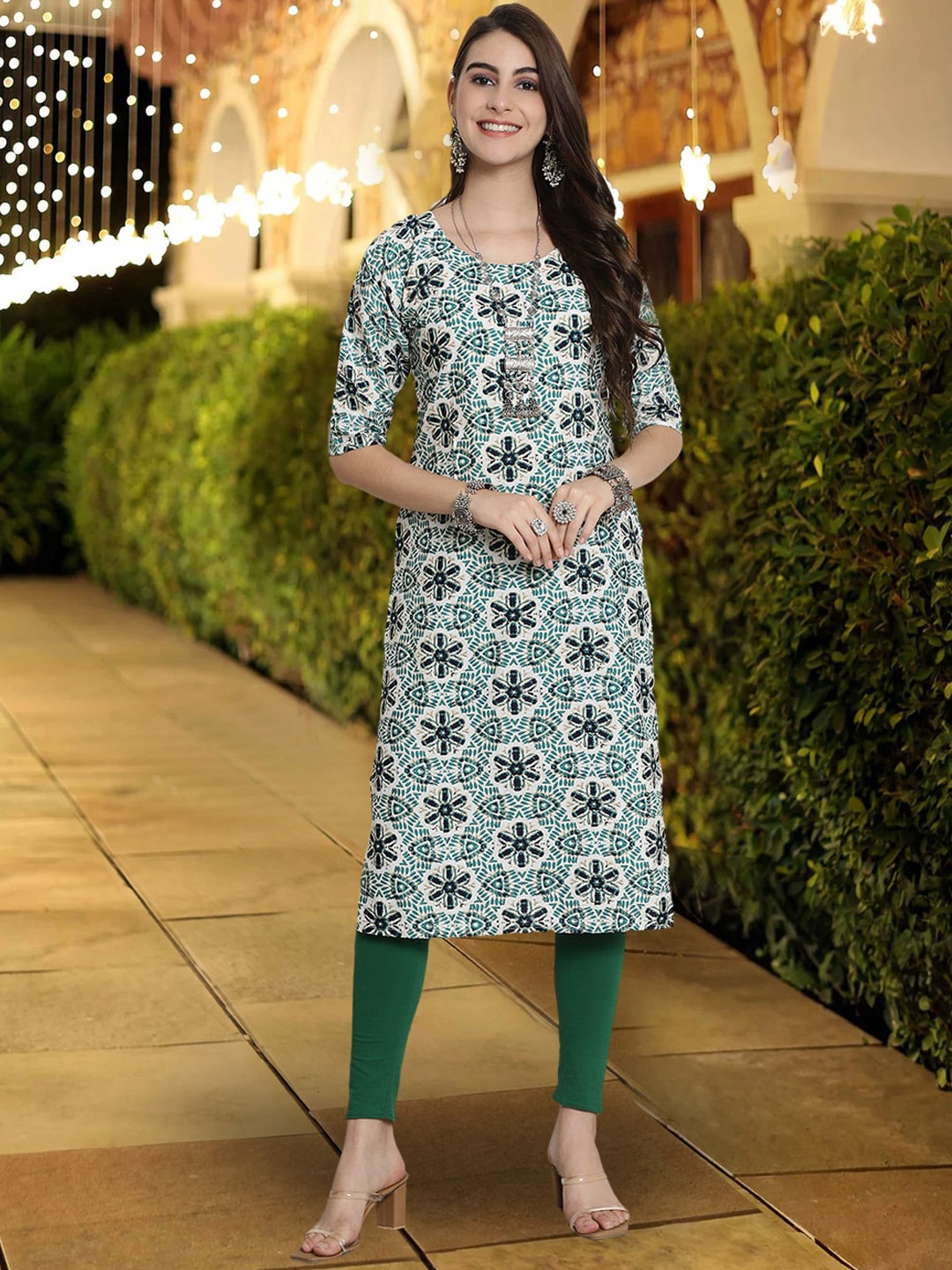 

7Threads Floral Printed Straight Kurta, Teal