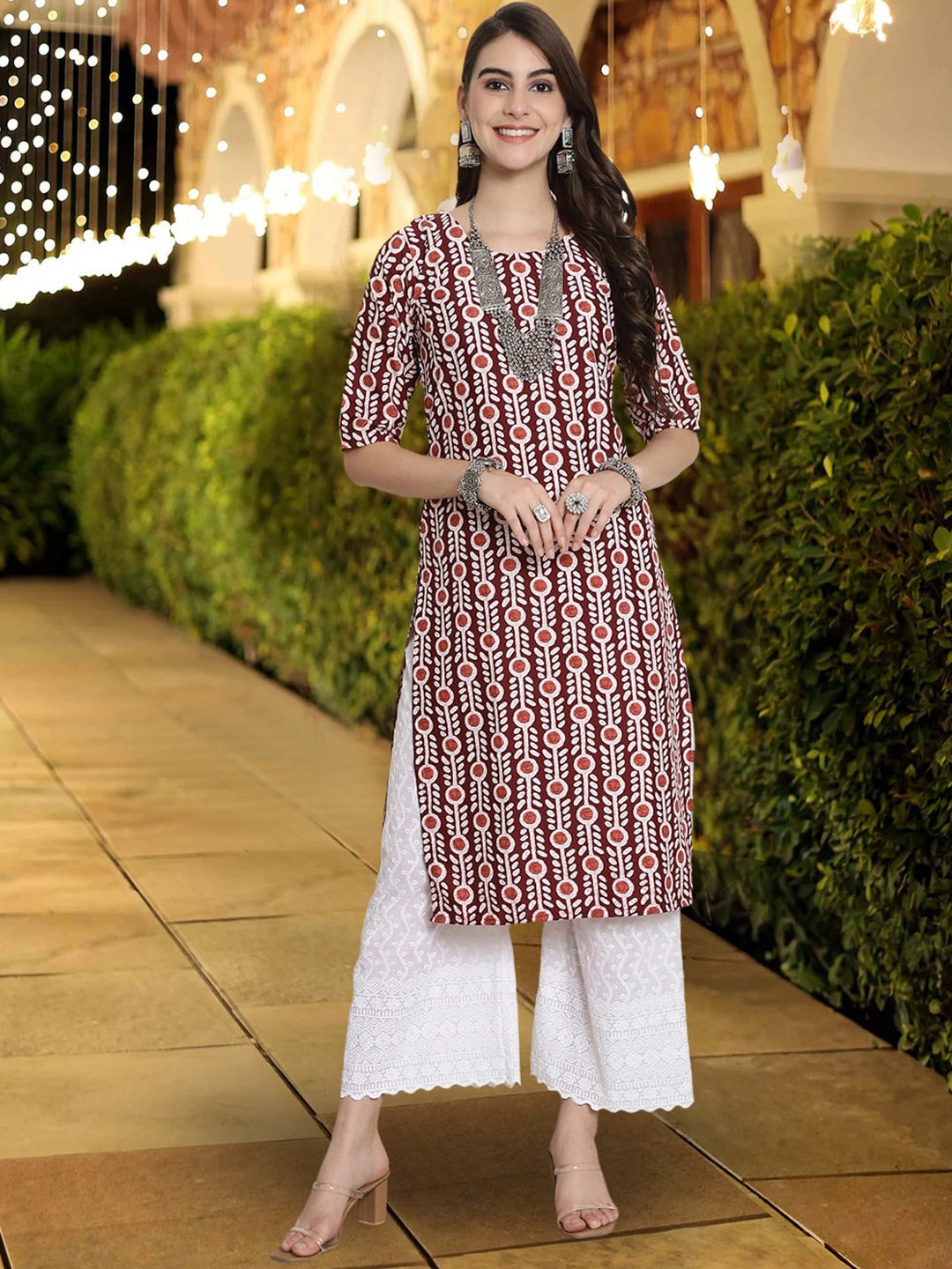 

7Threads Geometric Printed Kurta, Beige