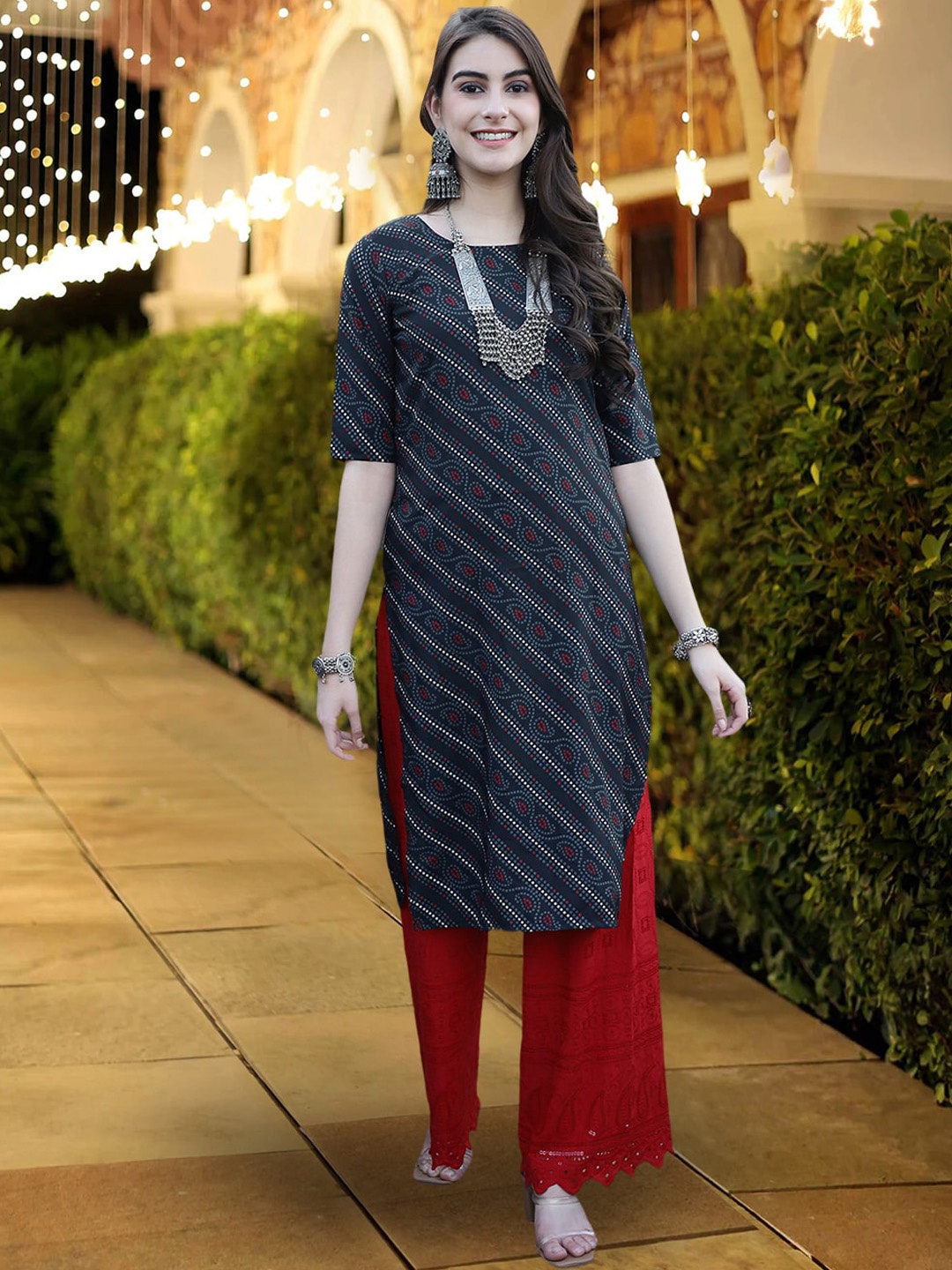 

7Threads Bandhani Printed Straight Kurta, Black