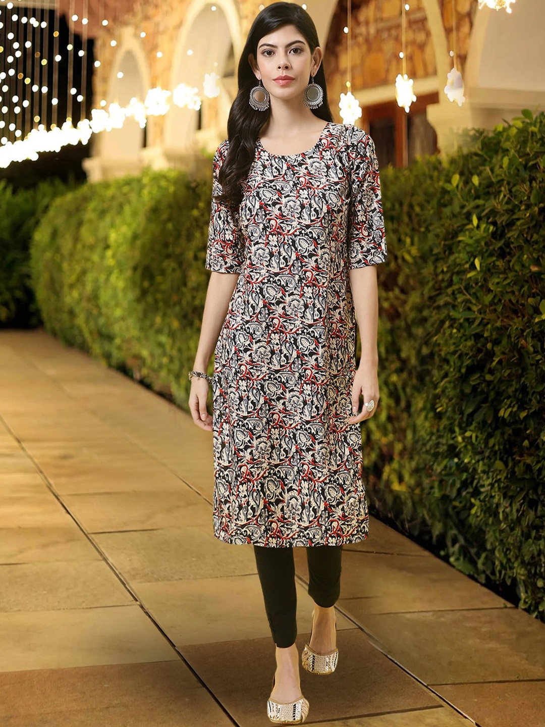

7Threads Floral Printed Round Neck Crepe Straight Kurta, Grey
