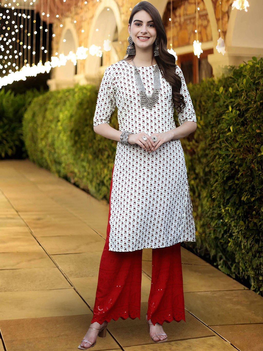 

7Threads Floral Printed Floral Crepe Straight Kurta, White