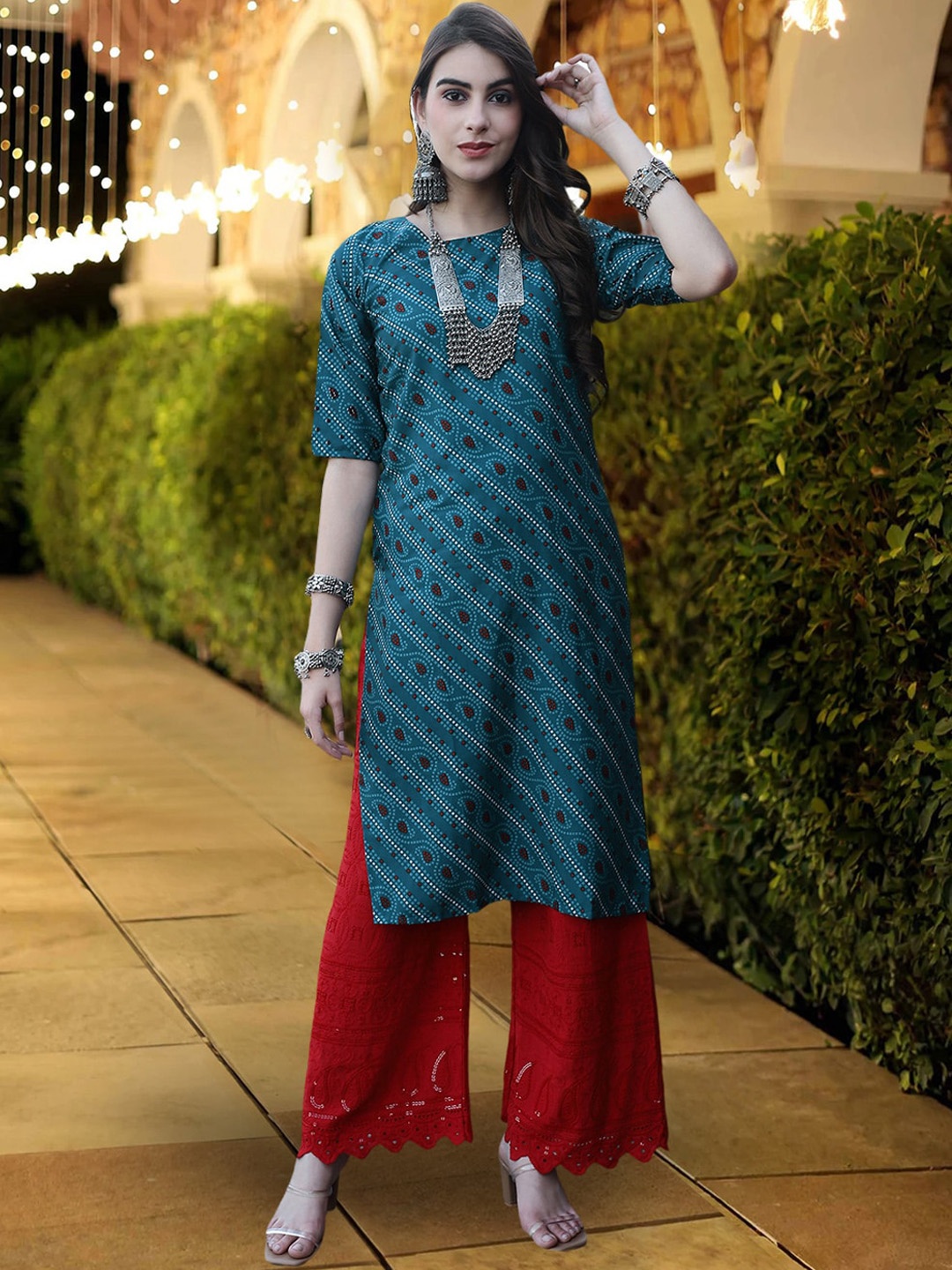 

7Threads Ethnic Motifs Printed Crepe Kurta, Blue