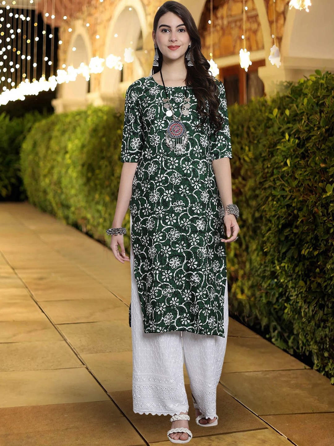 

7Threads Floral Printed Straight Kurta, Green