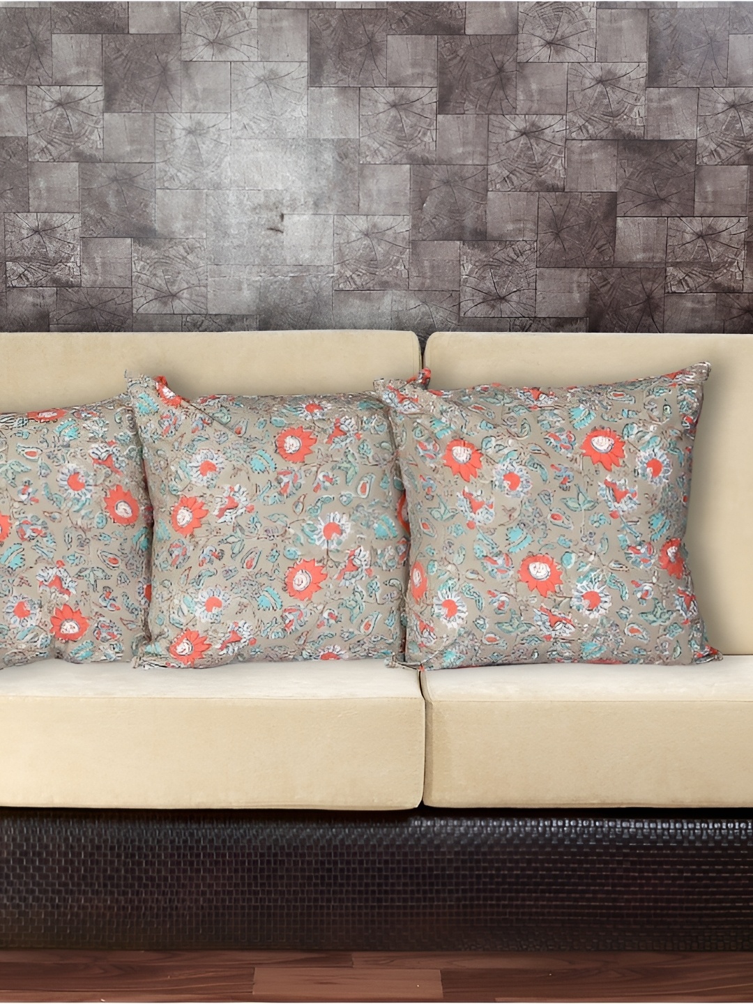 

INDHOME LIFE Peach-Coloured & Green Set of 3 Floral Square Cushion Covers