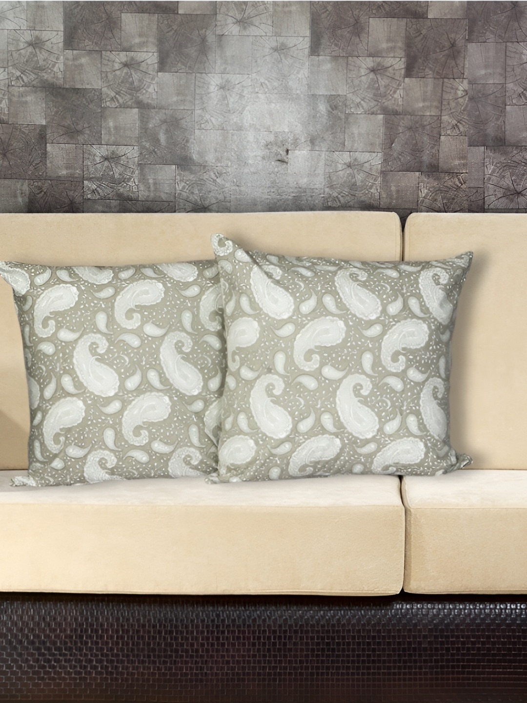 

INDHOME LIFE Grey & Off White Set of 2 Ethnic Motifs Square Cushion Covers