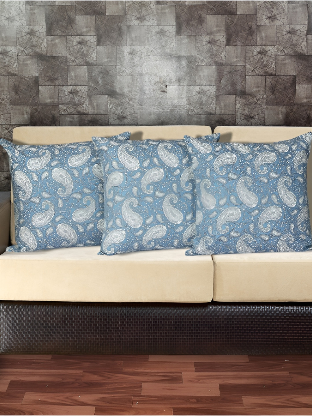 

INDHOME LIFE Turquoise Blue & Off White Set of 3 Ethnic Motifs Square Cushion Covers