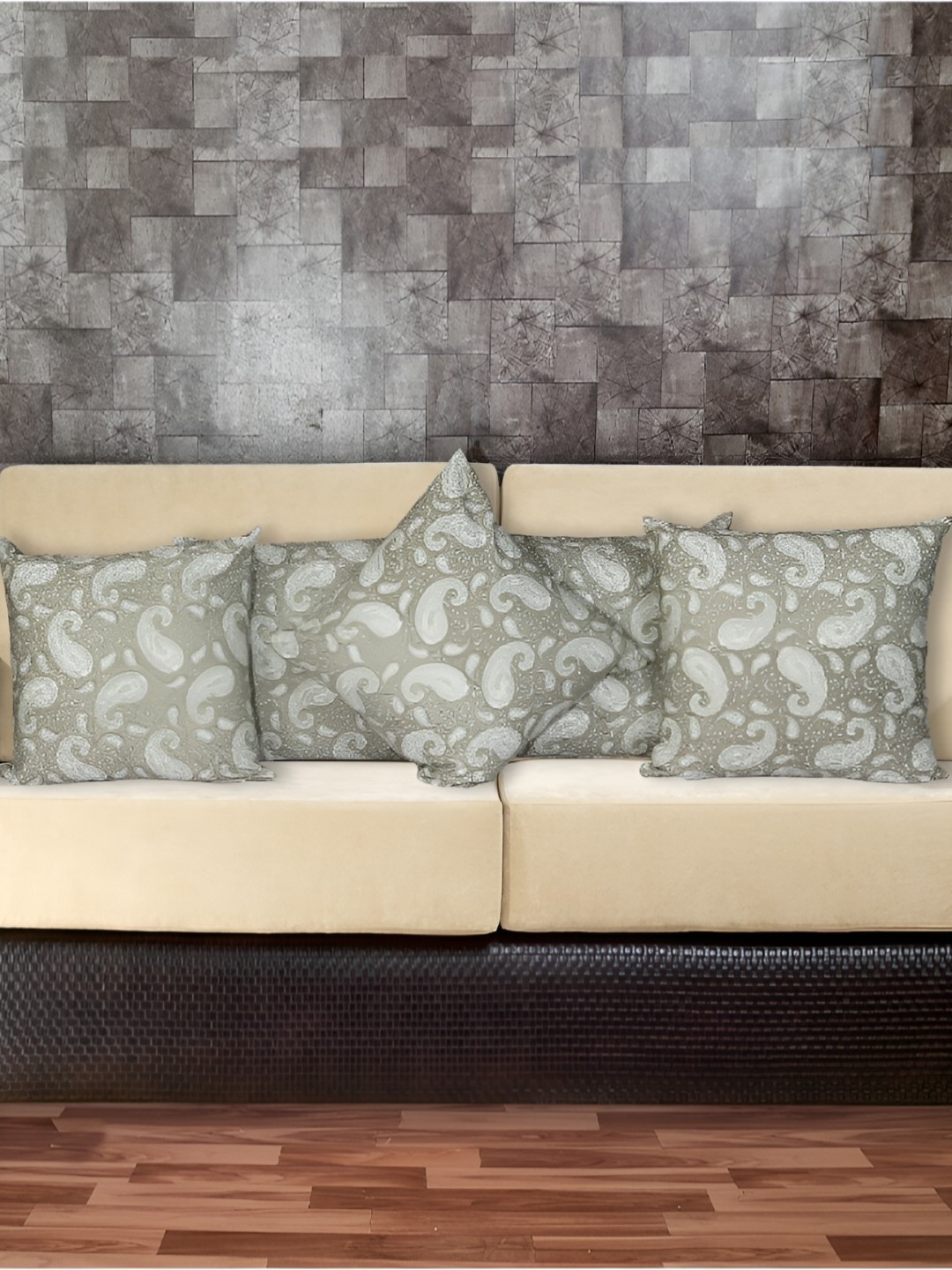 

INDHOME LIFE Grey & Off White Set of 5 Ethnic Motifs Square Cushion Covers