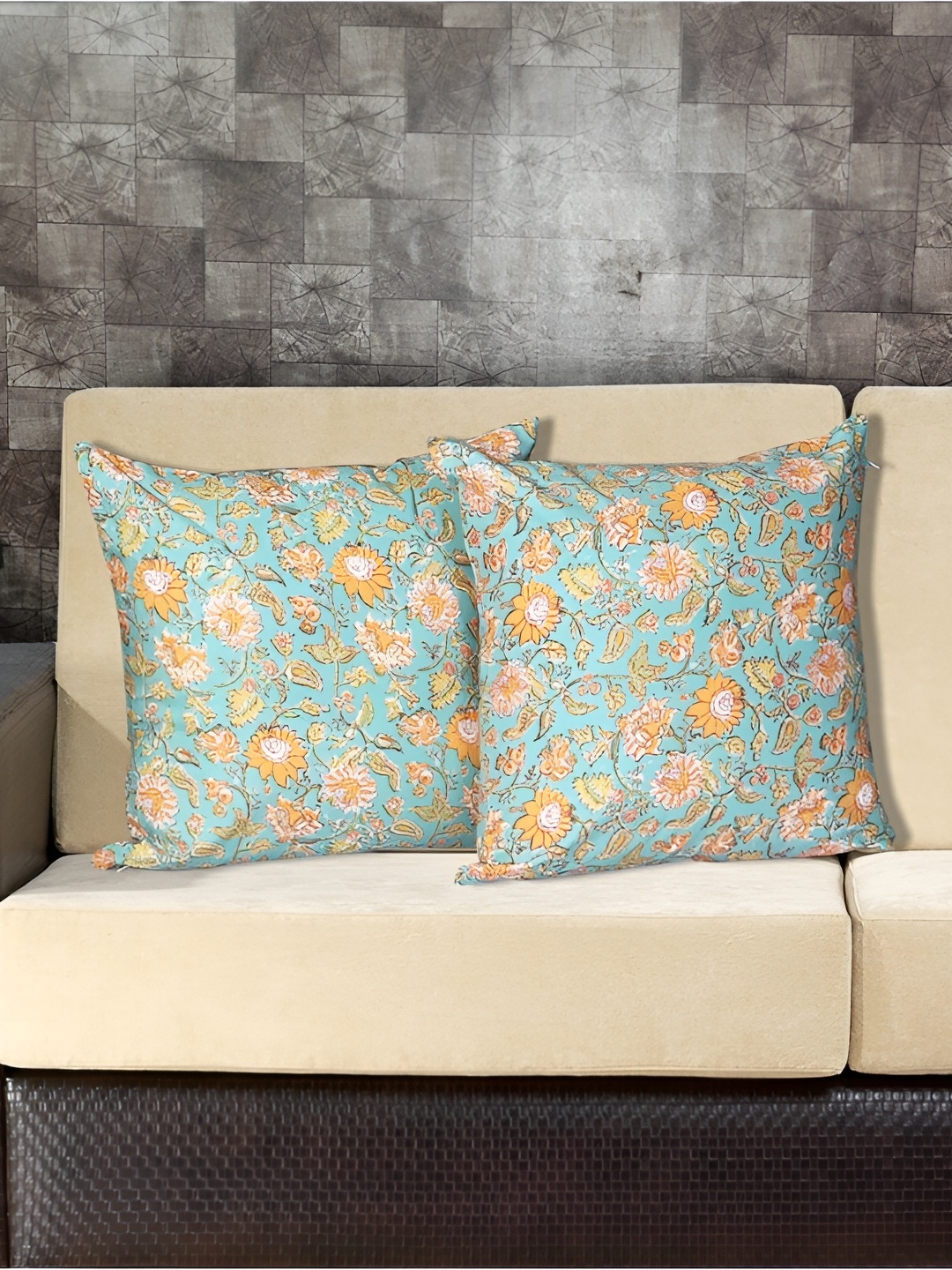 

INDHOME LIFE Blue & Orange Set of 2 Floral Square Cushion Covers