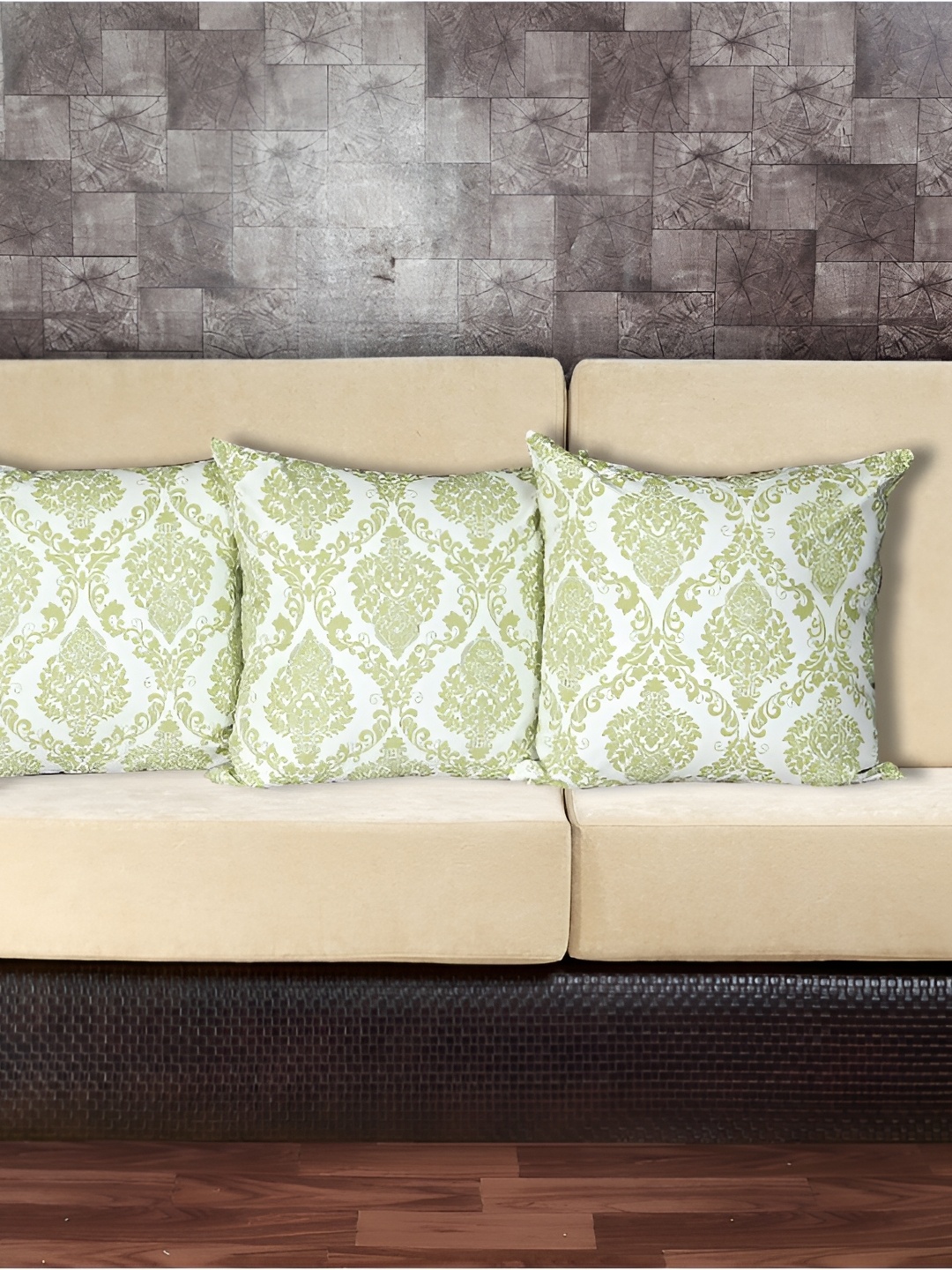 

INDHOME LIFE Green & White Set of 3 Ethnic Motifs Square Cushion Covers