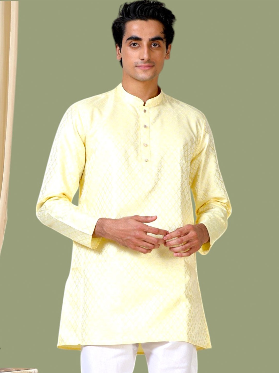 

TATTVA Ethnic Motifs Woven Design Mandarin Collar Zari Straight Kurta, Yellow