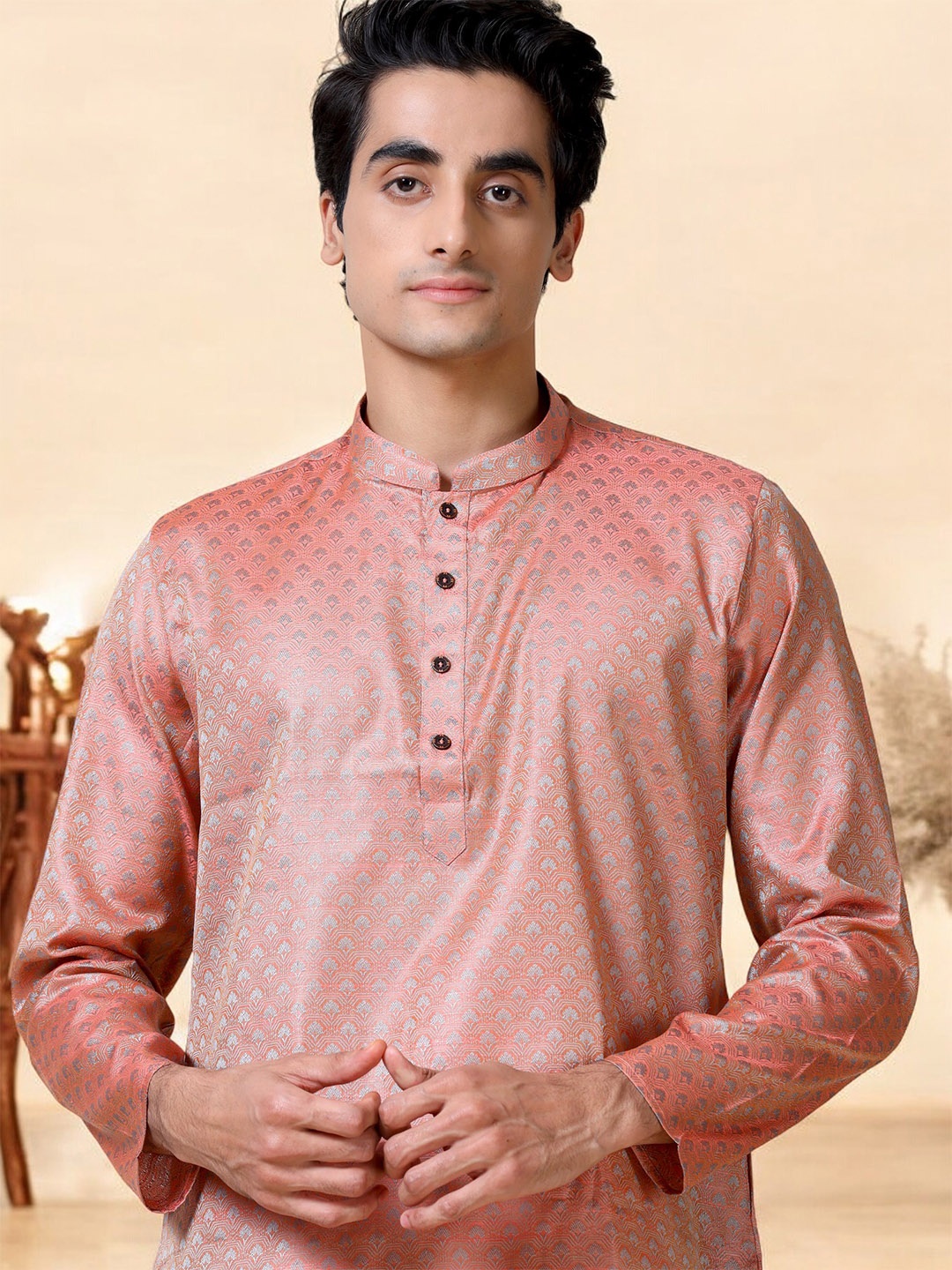 

TATTVA Mandarin Collar Thread Work Kurta, Rust