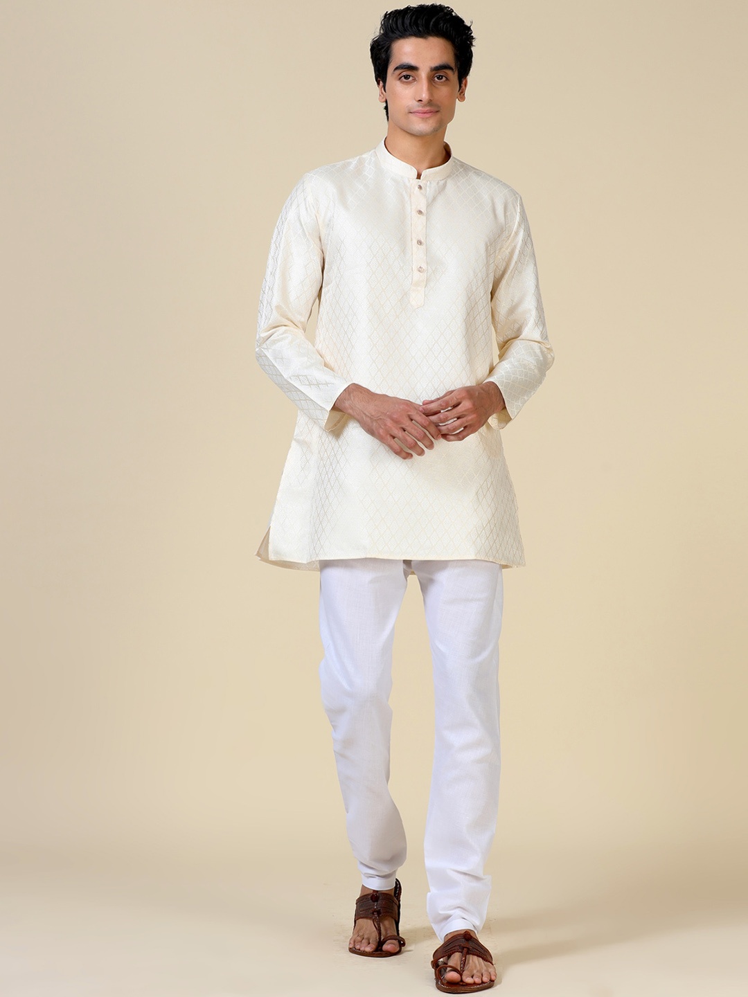 

TATTVA Woven Design Mandarin Collar Straight Kurta, Beige