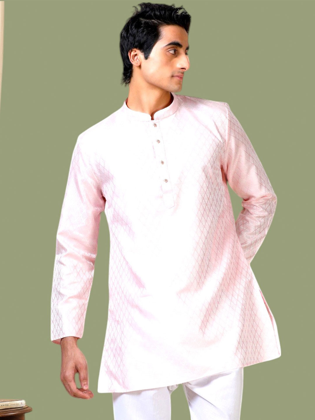 

TATTVA Chevron Mandarin Collar Kurta, Pink
