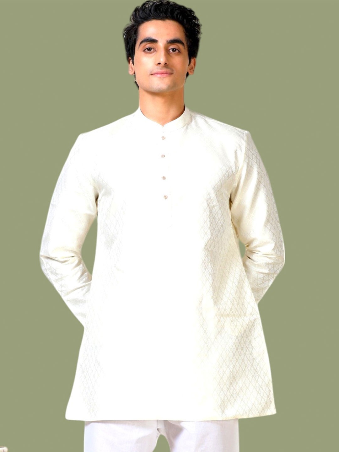 

TATTVA Woven Design Mandarin Collar Straight Kurta, Cream