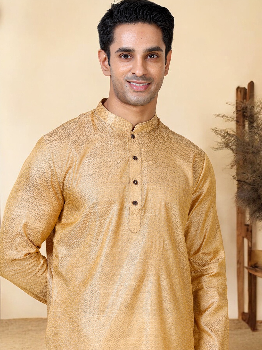 

TATTVA Ethnic Motifs Woven Design Mandarin Collar Straight Kurta, Beige