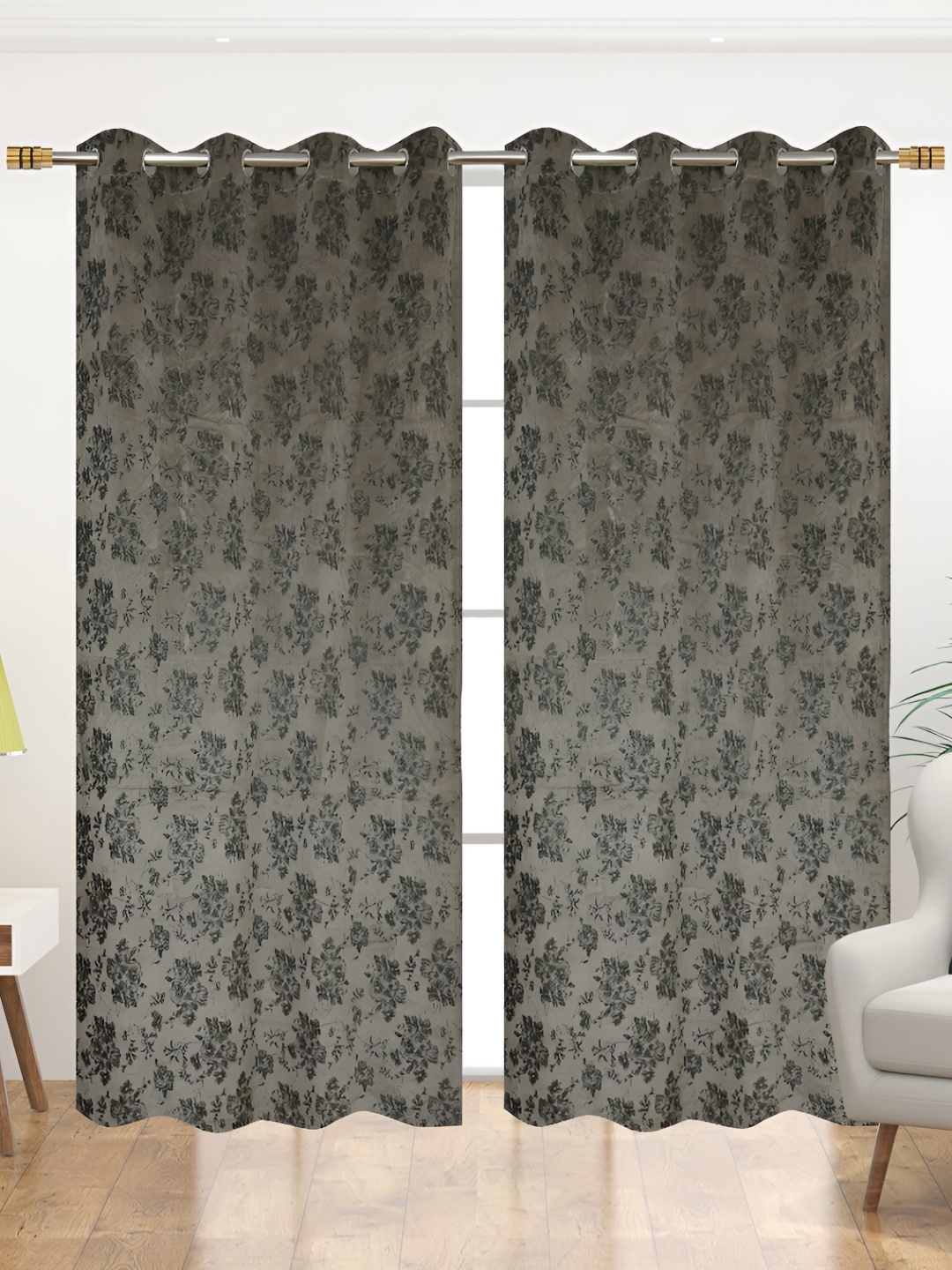

Galaxy Home Decor Grey & Black 2 Pieces Floral Room Darkening Long Door Curtains