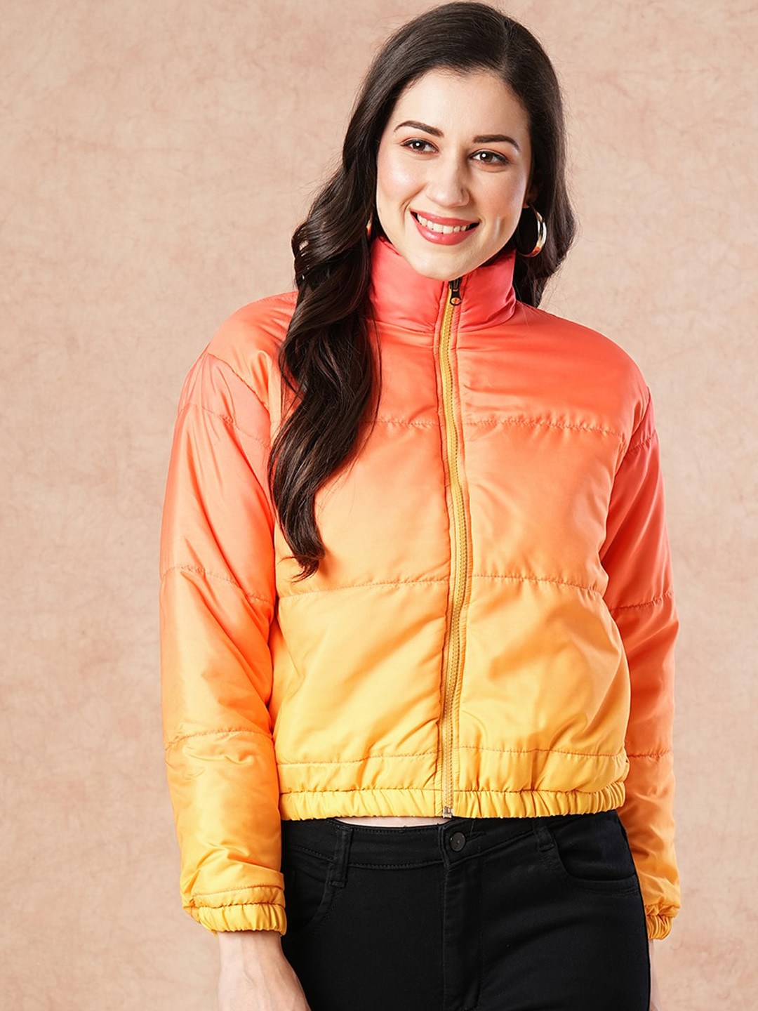 

ANWAIND Orange Colourblocked Mock Collar Long Sleeves Lightweight Crop Padded Jacket