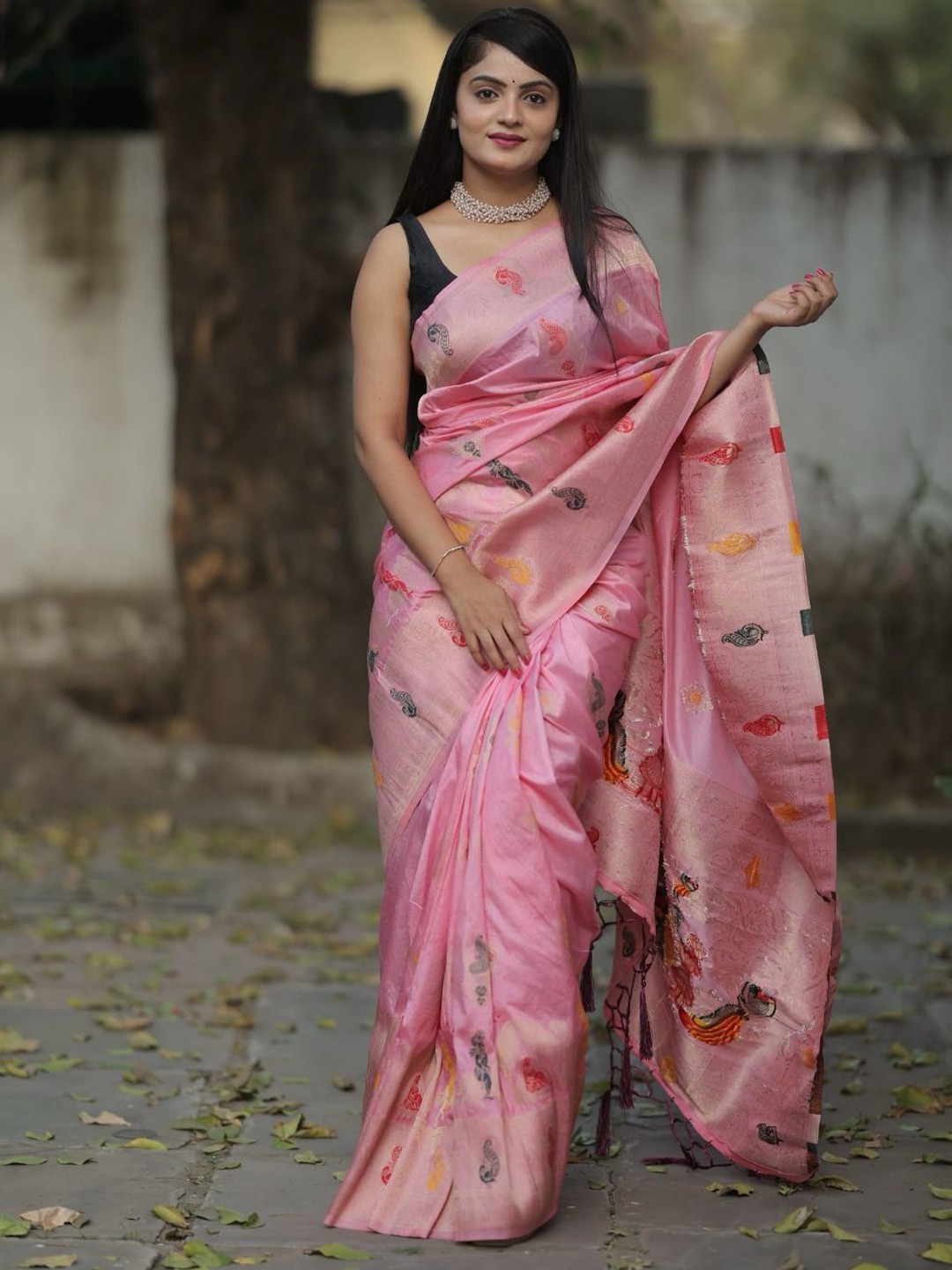 

bansari textiles Ethnic Motifs Zari Jute Silk Banarasi Saree, Pink