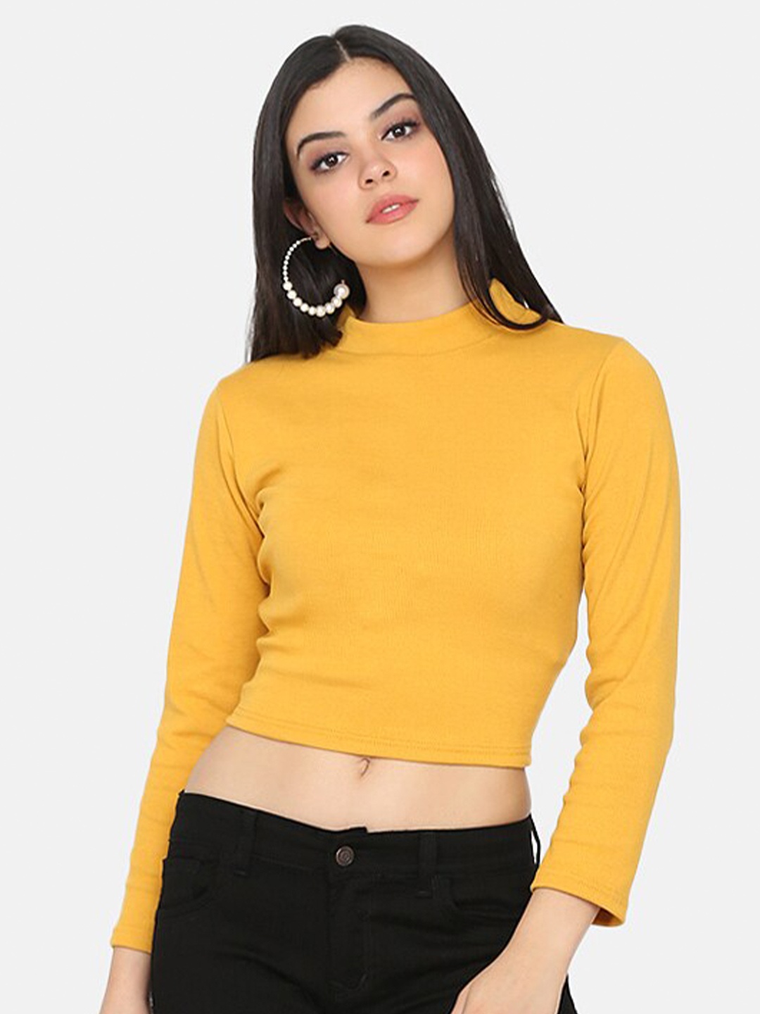 

DELAN High Neck Long Sleeves Cotton Crop T-shirt, Yellow