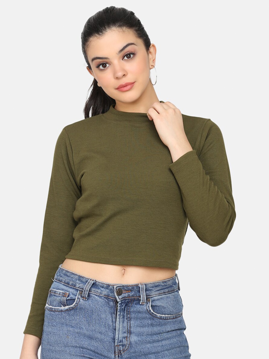 

DELAN High Neck Long Sleeves Cotton Cut Outs Crop T-shirt, Olive