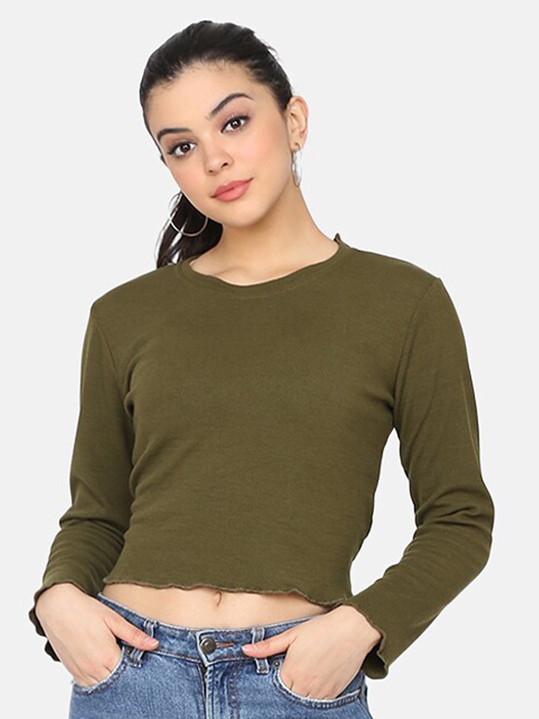 

DELAN Round Neck Regular Sleeves Cotton Crop T-shirt, Olive