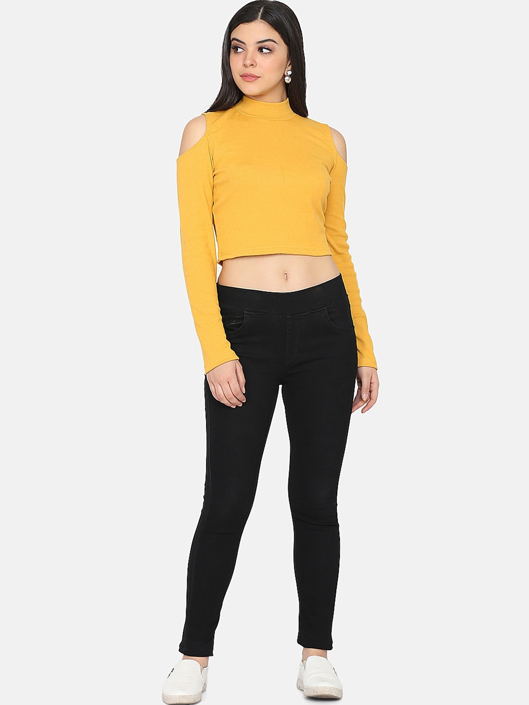 

DELAN High Neck Cold Shoulder Sleeves Cotton Crop T-shirt, Yellow