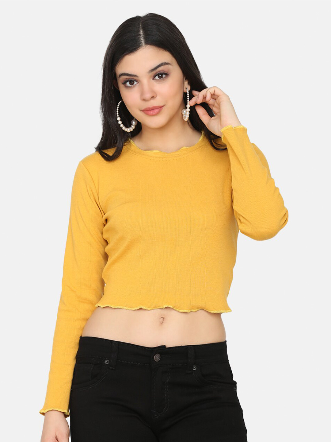 

DELAN Round Neck Regular Sleeves Cotton Crop T-shirt, Yellow