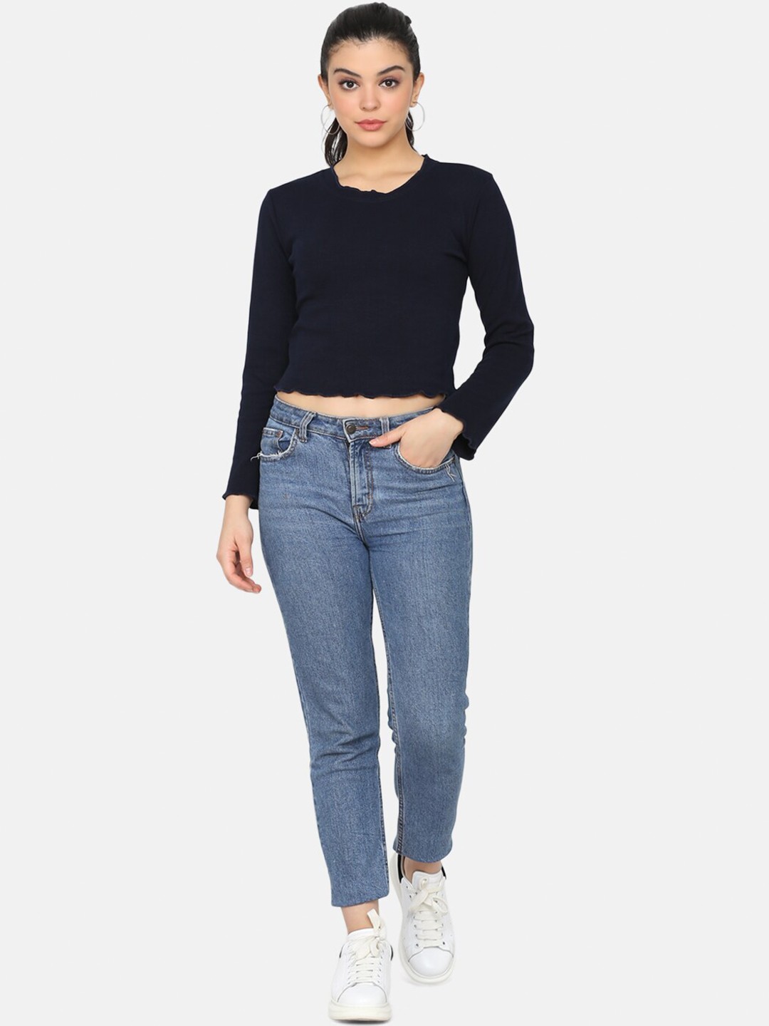 

DELAN Round Neck Regular Sleeves Cotton Crop T-shirt, Navy blue