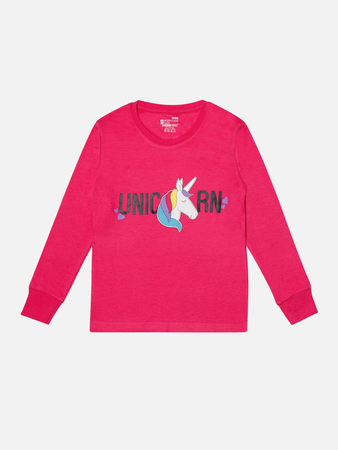 

Bodycare Girls Typography Printed Cotton Round Neck Long Sleeves Applique Casual T-shirt, Fuchsia