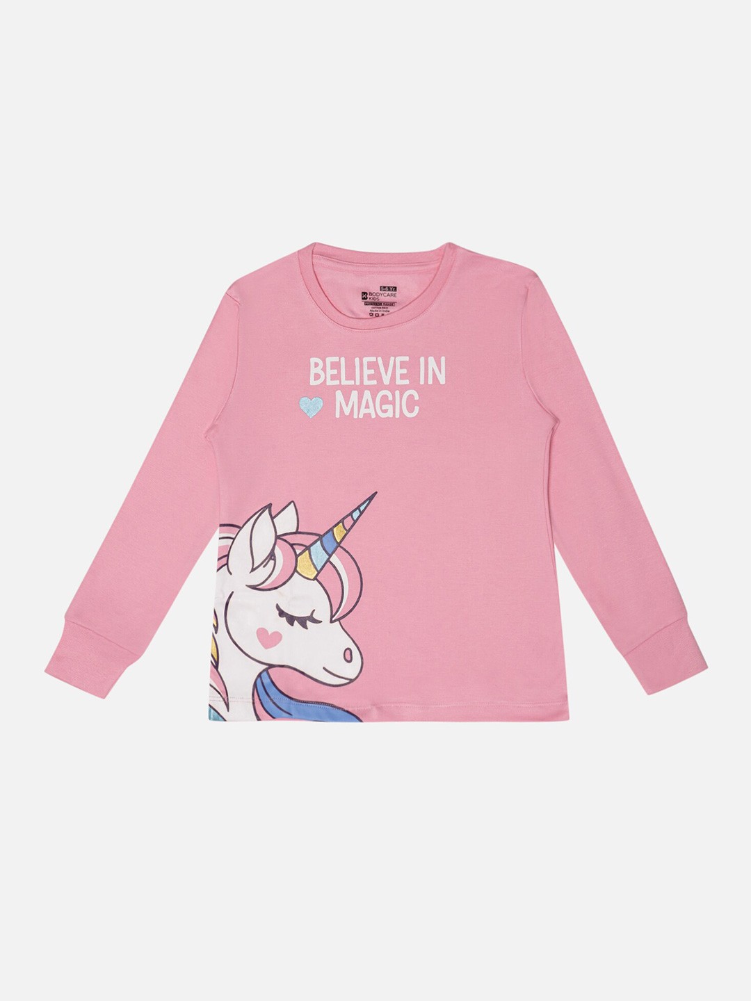

Bodycare Girls Typography Printed Cotton Round Neck Long Sleeves Applique Casual T-shirt, Pink