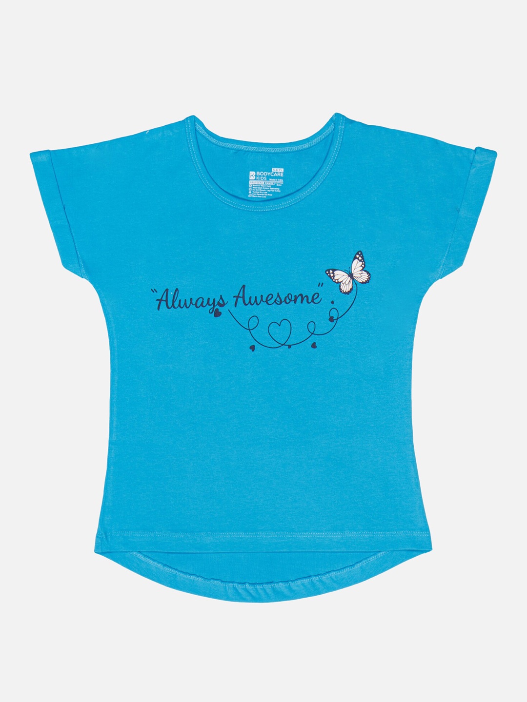 

Bodycare Girls Typography Printed Cotton Round Neck Cap Sleeves Casual T-shirt, Blue