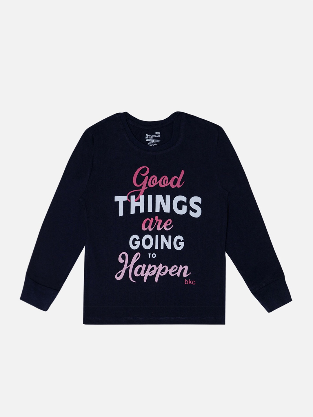 

Bodycare Girls Typography Printed Round Neck Long Sleeves Cotton T-shirt, Navy blue