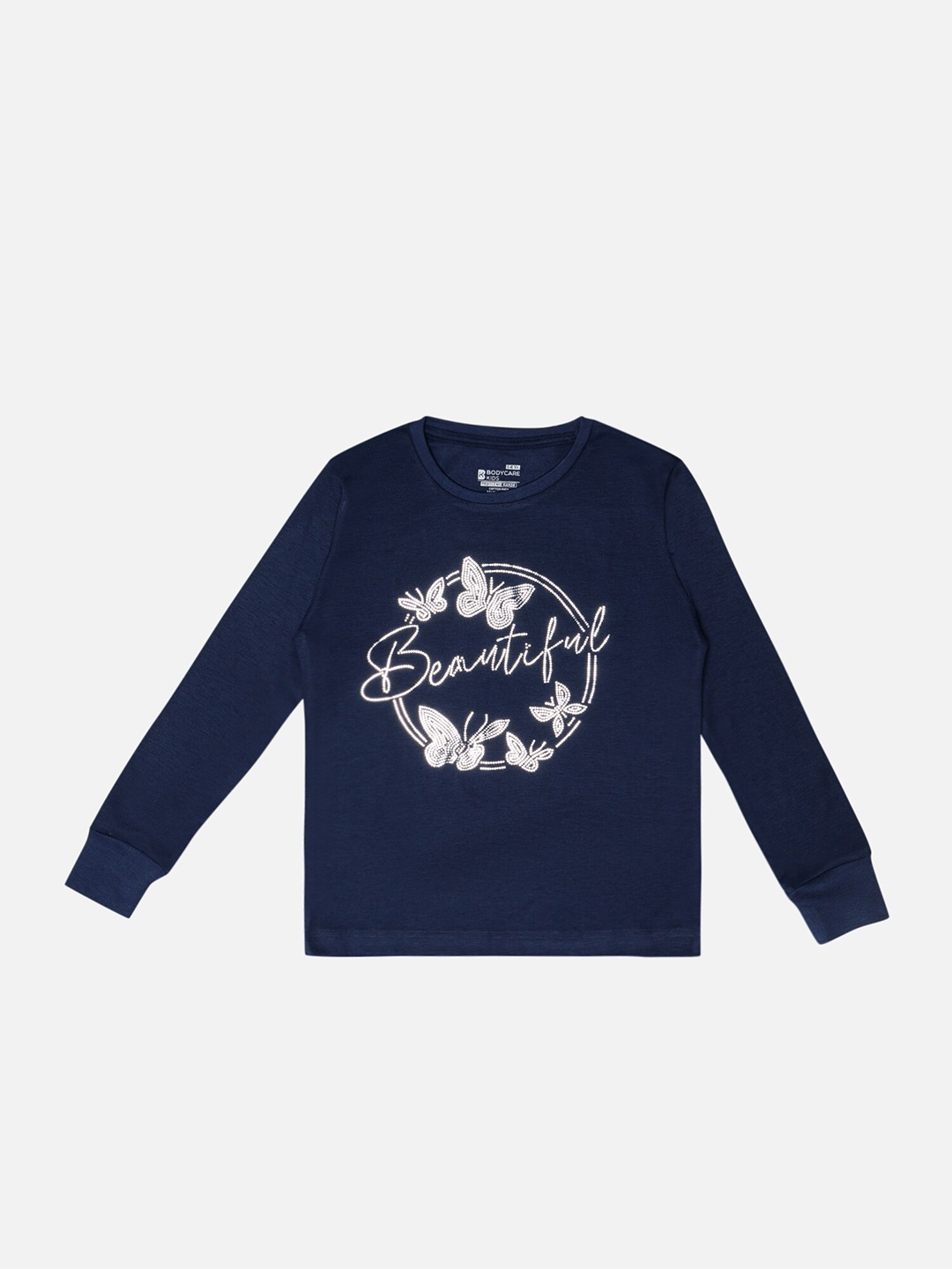 

Bodycare Girls Typography Printed Round Neck Long Sleeves Cotton T-shirt, Navy blue
