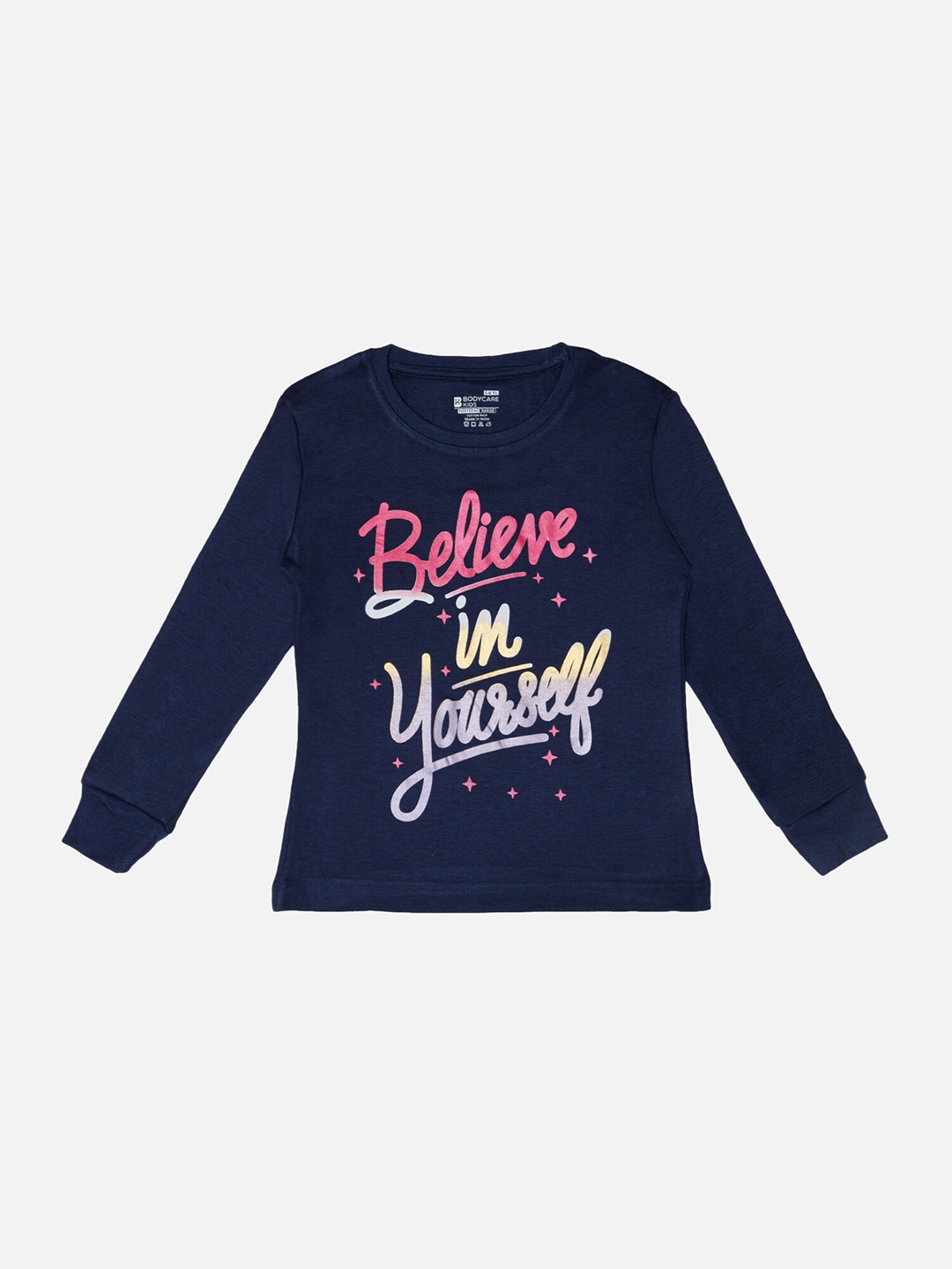 

Bodycare Girls Typography Printed Round Neck Long Sleeves Cotton T-shirt, Navy blue
