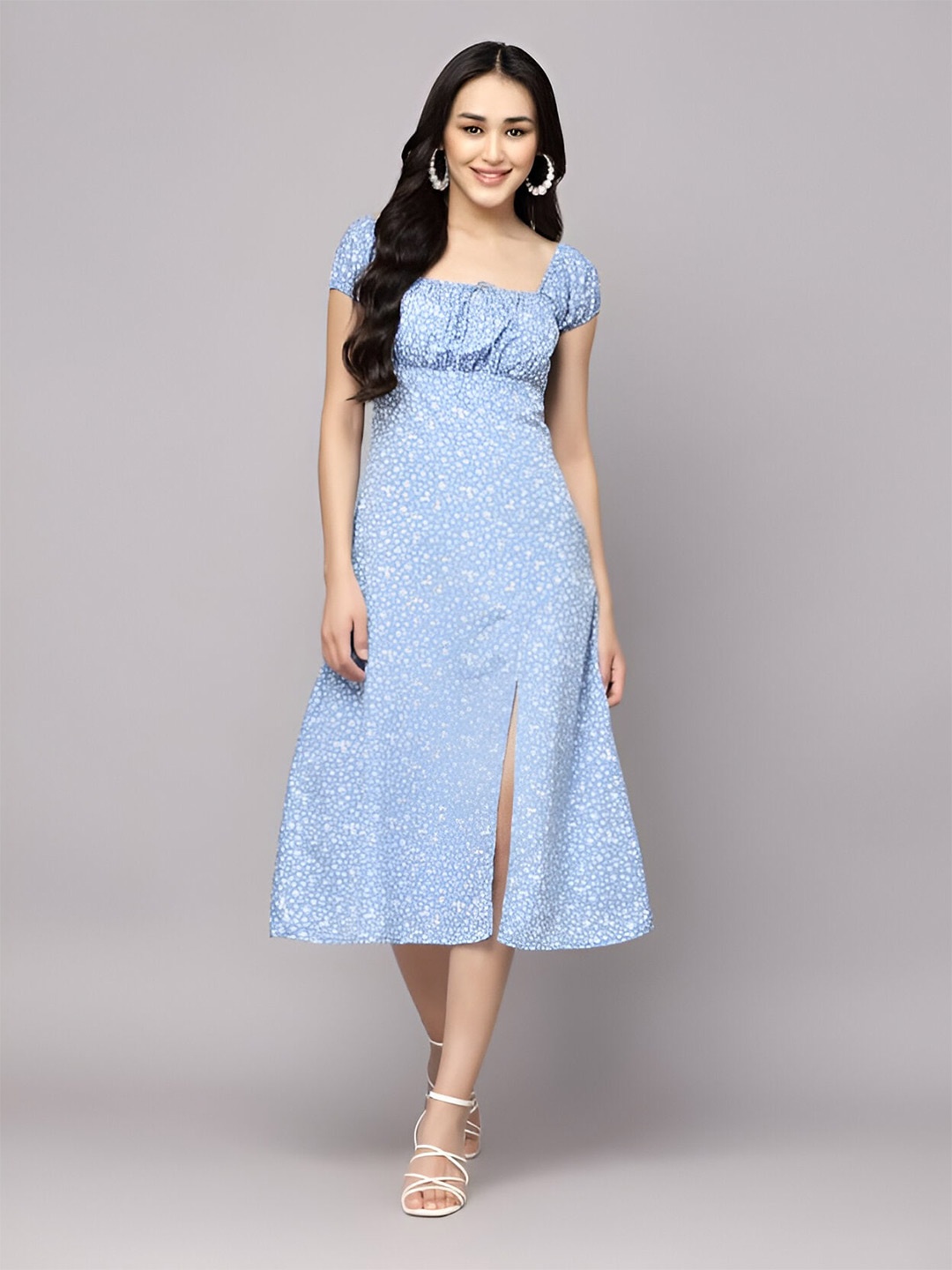 

Fab Star Floral Printed Crepe A-Line Midi Dress, Blue