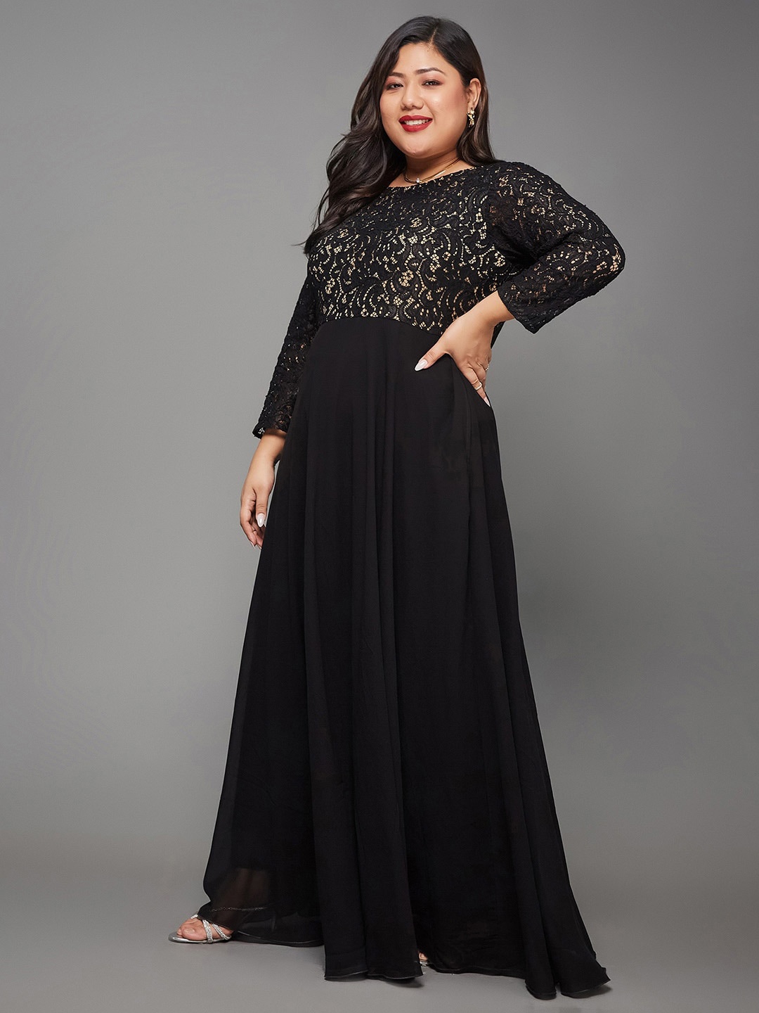 

Miss Chase A+ Plus Size Self Deign Lace Inserts Georgette Maxi Dress, Black