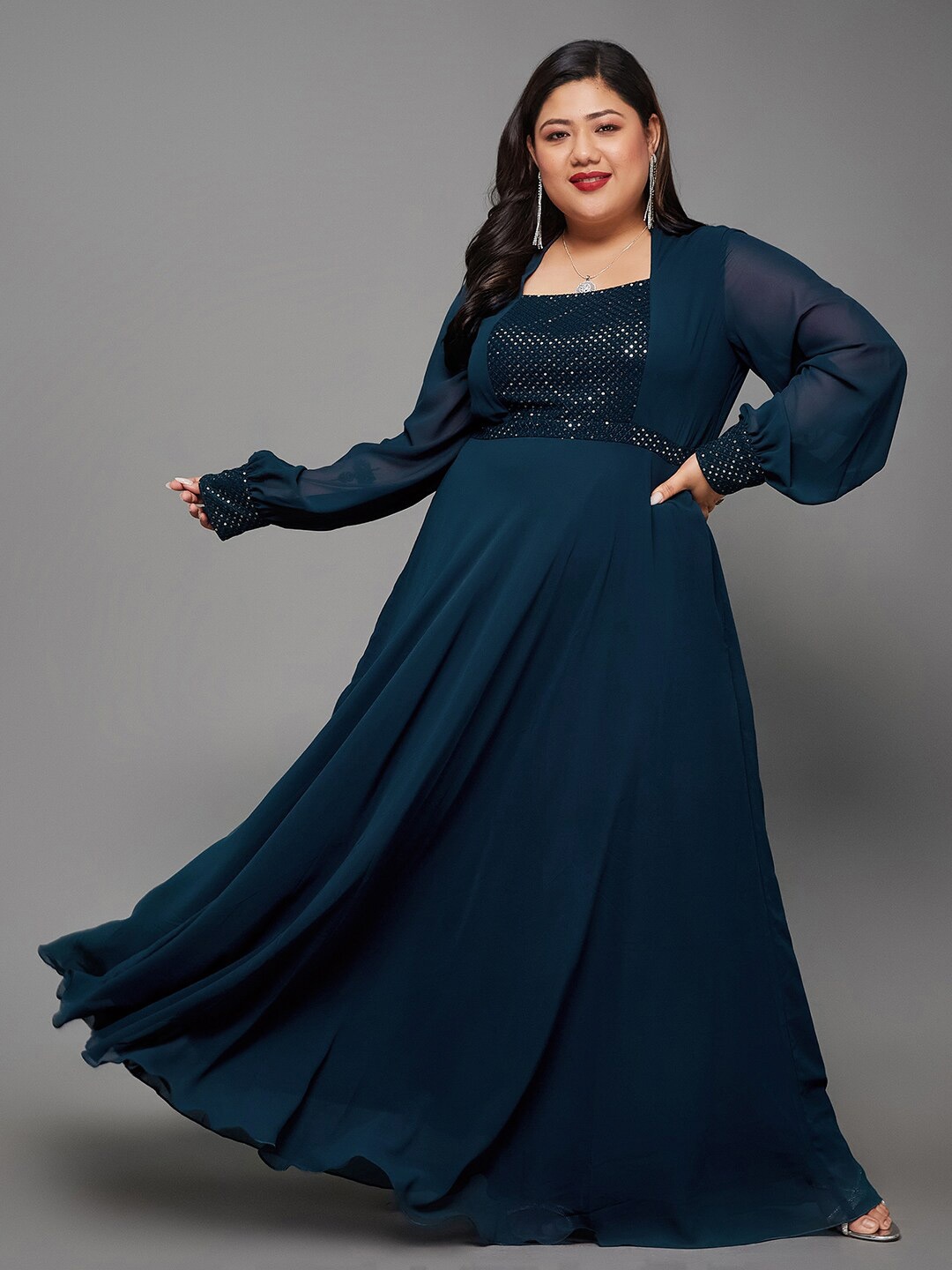 

Miss Chase A+ Plus Size Embellished Cuffed Sleeve Sequined Georgette Maxi Dress, Teal