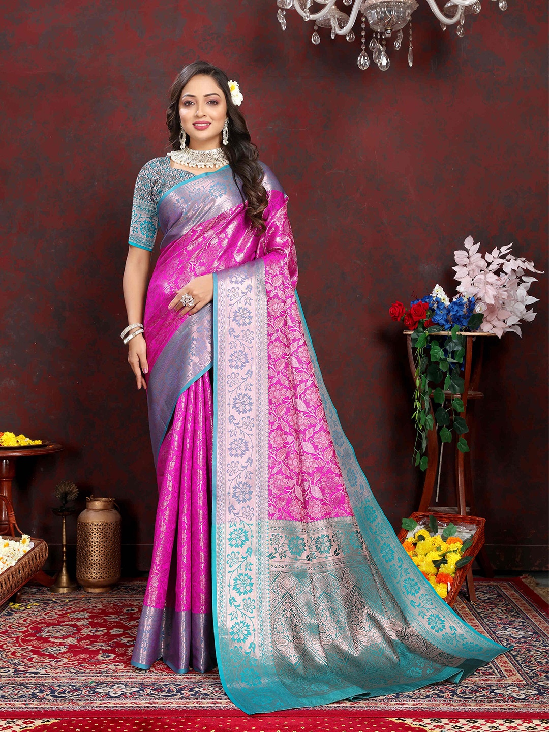 

PHEASANT Woven Design Zari Silk Blend Kanjeevaram Saree, Pink